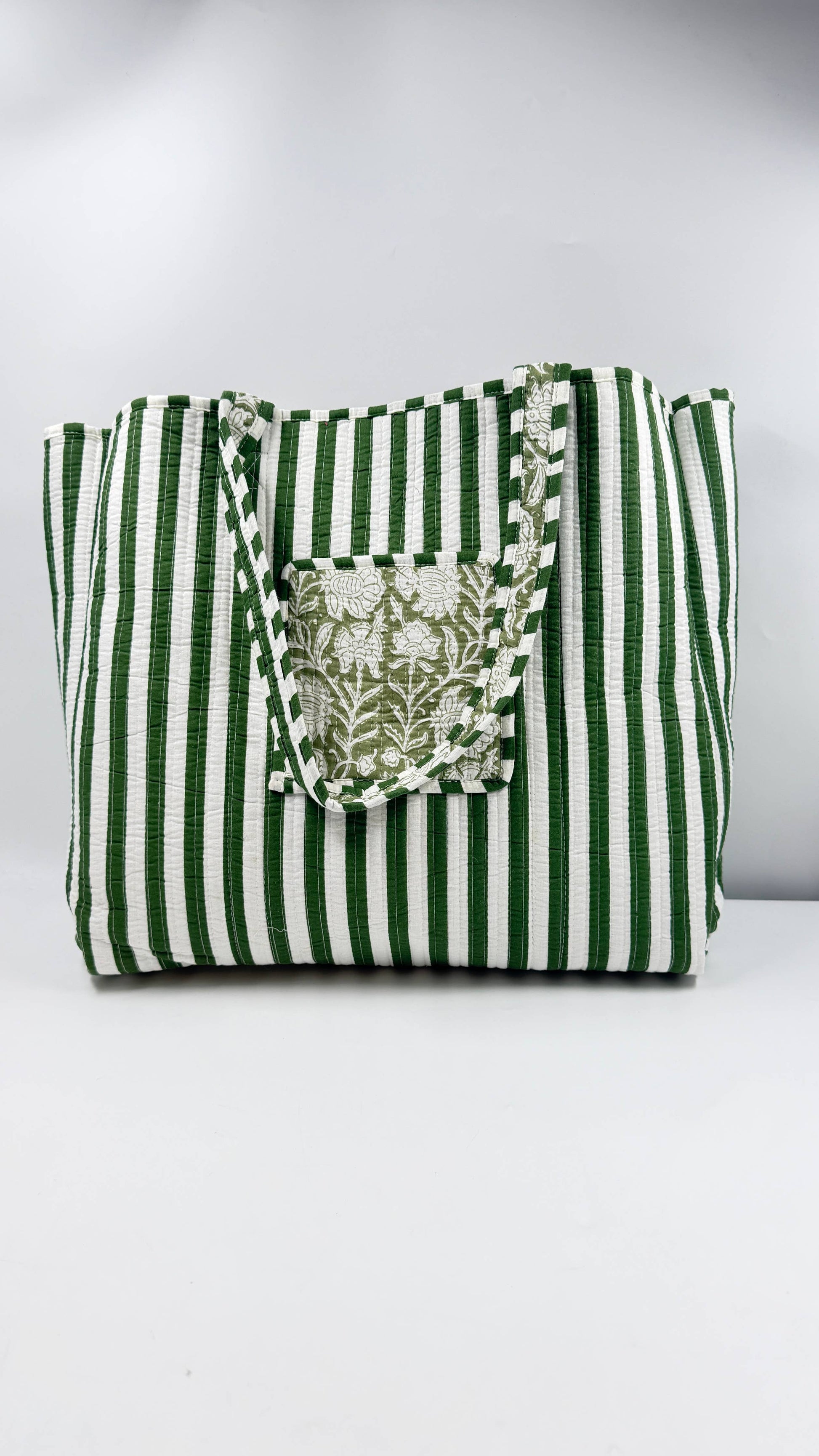 Green Floral Cotton Quilted Tote Bag Block Printed