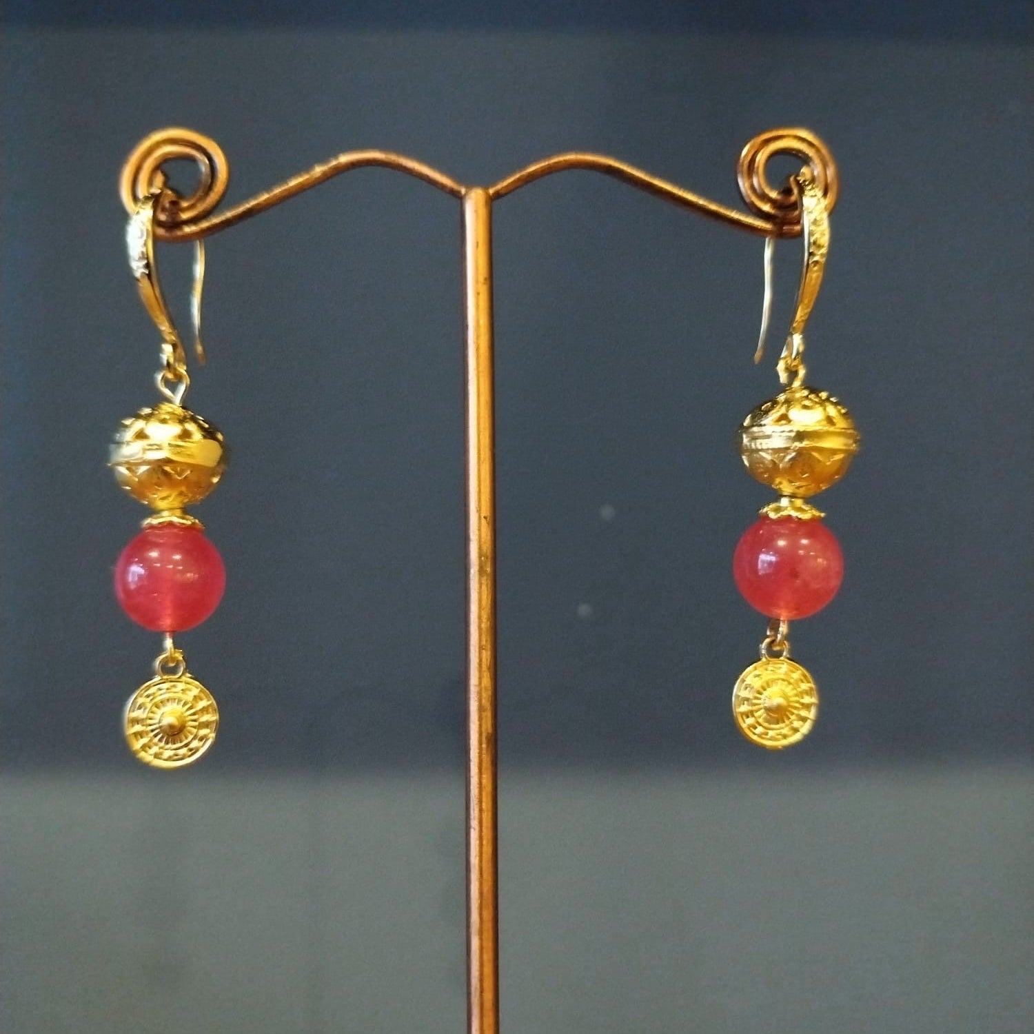 Elegant Cherry Quartz & Gold  Drop Earrings