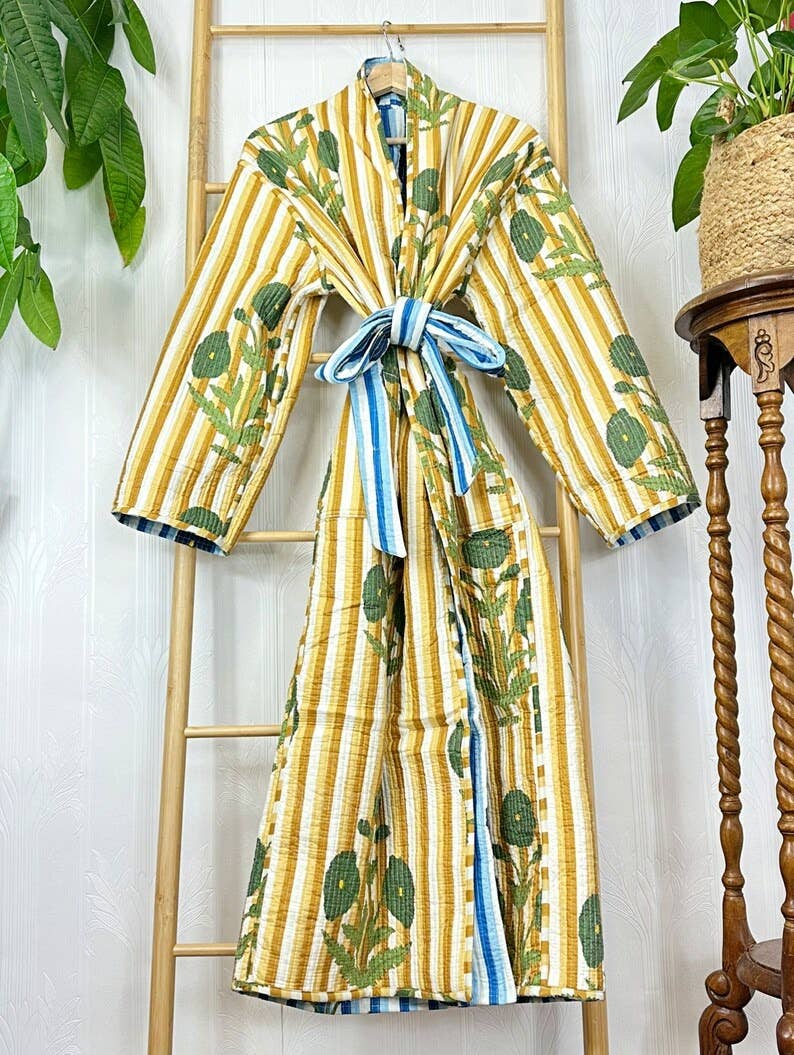 Quilted Cotton Reversible blue & yellow  floral Kimono Robe UK 10 16