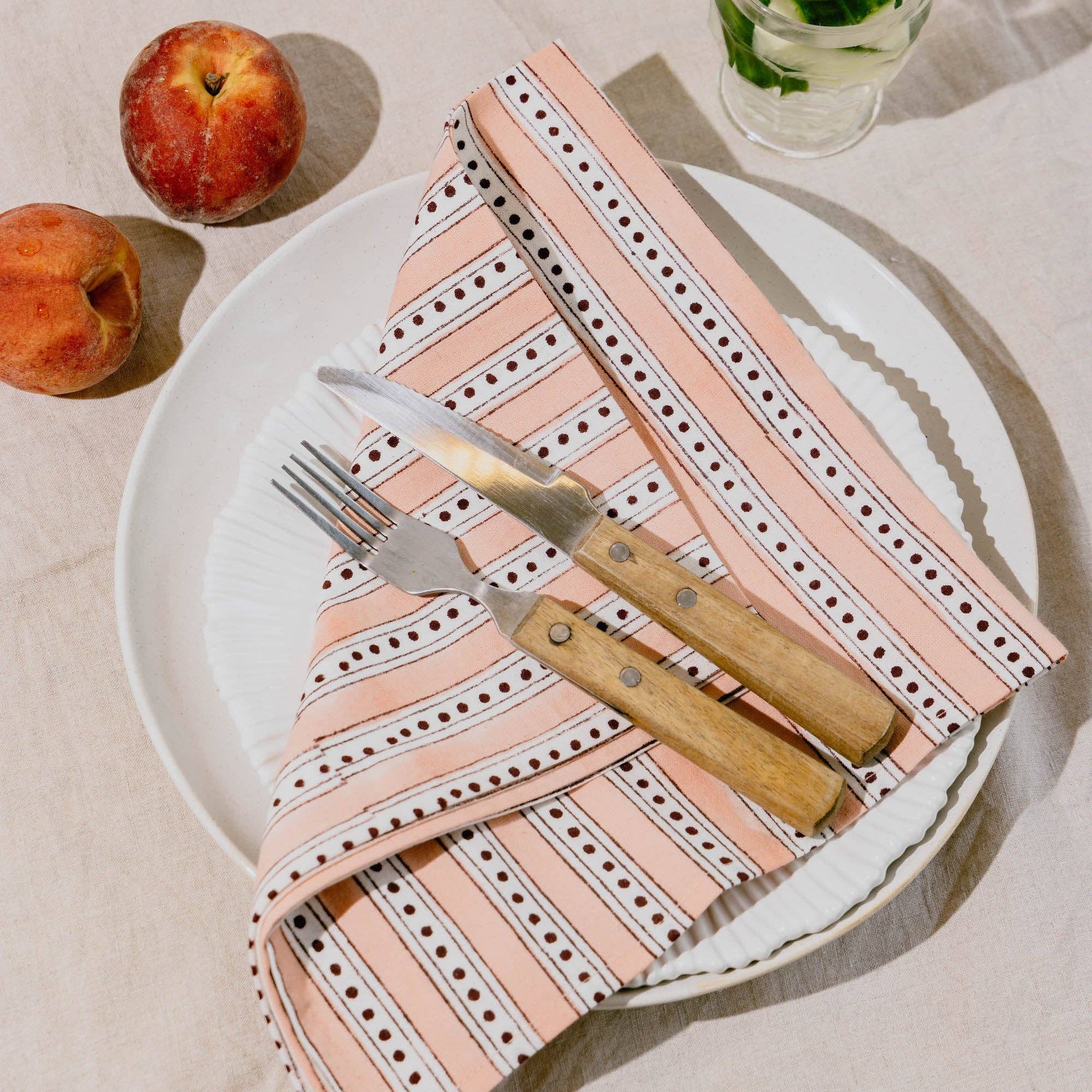 Mini Stripe & Spot Block Print Napkins: Blush pink stripe with burgundy spots - set of 4