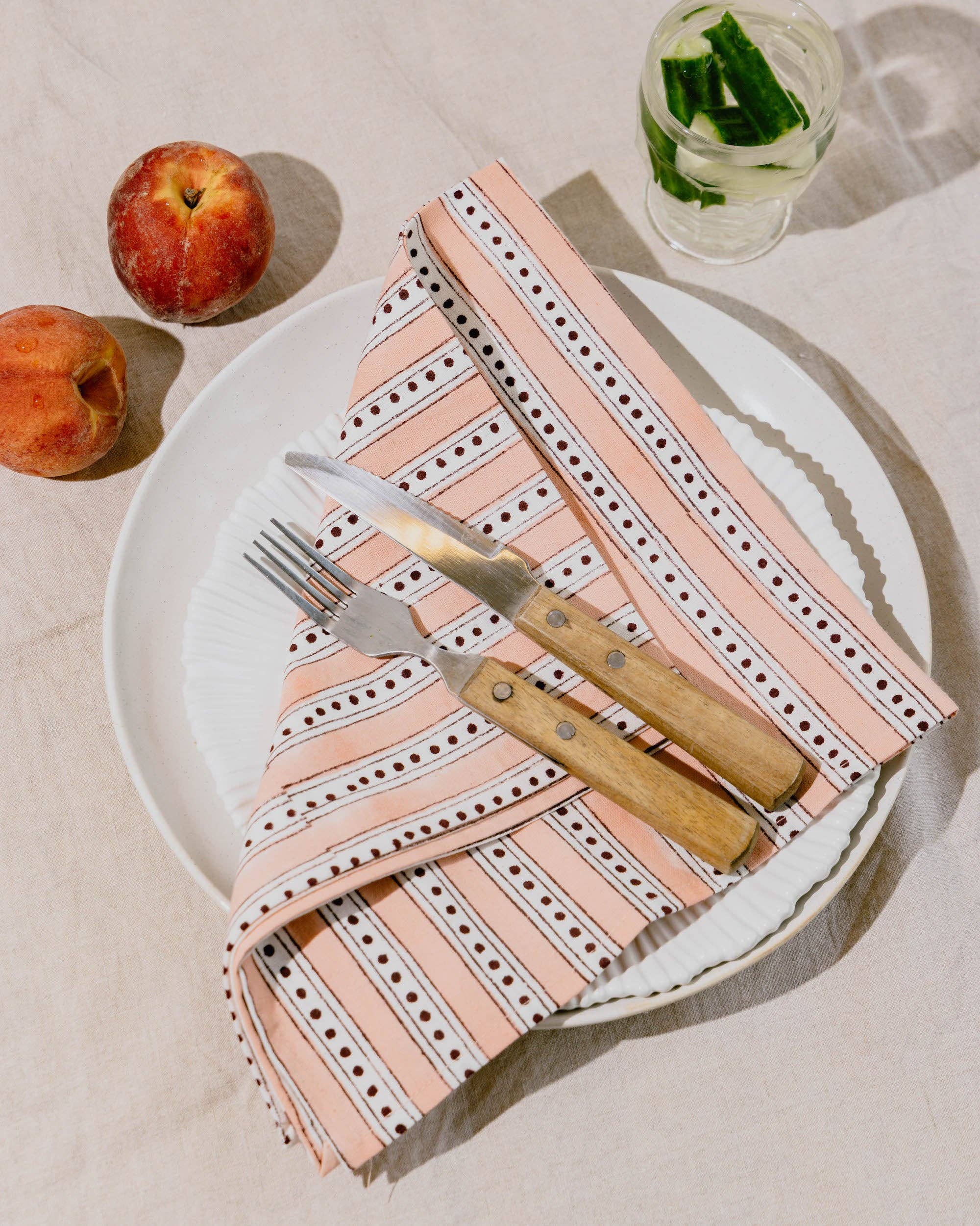 Mini Stripe & Spot Block Print Napkins: Blush pink stripe with burgundy spots - set of 4