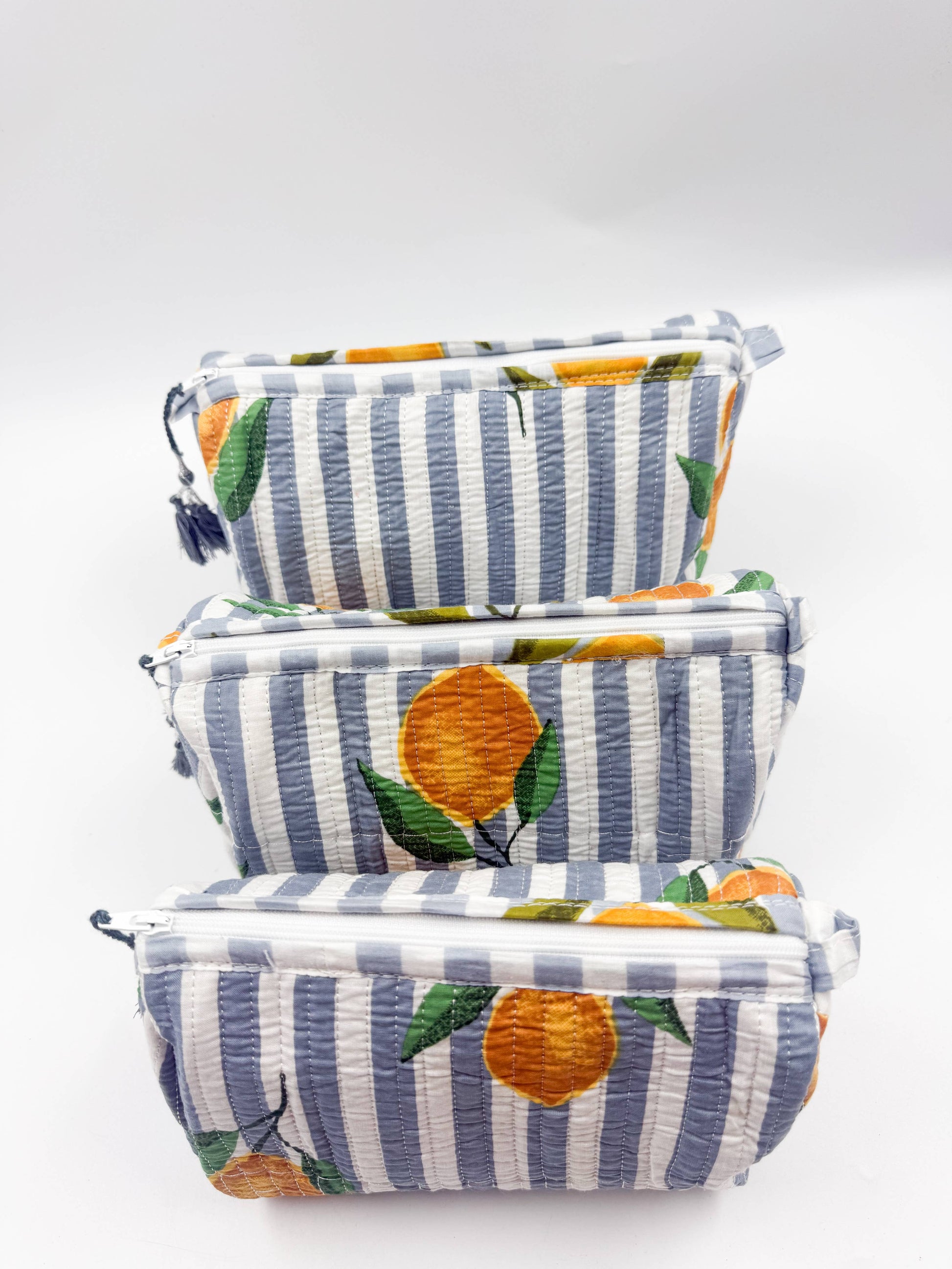 Set of Three Quilted Wash Bags with grey & white stripe with Lemon Print
