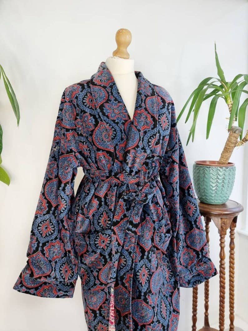 Luxury Velvet Robe - Black Blue Red Ajrakh Love Gift