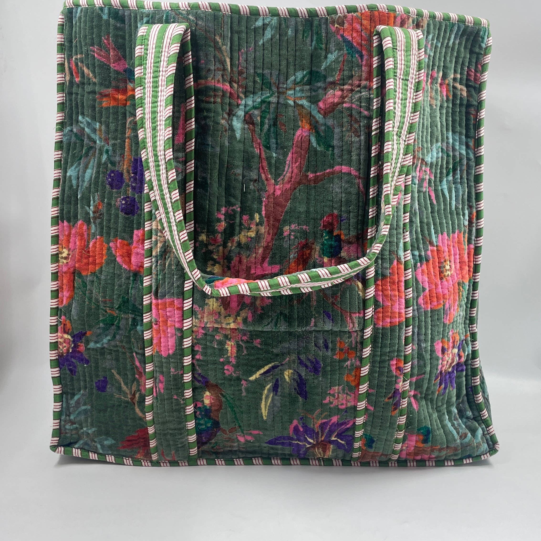 Green Velvet Quilted Tote Bag – Handcrafted Velvet Tote from Jaipur