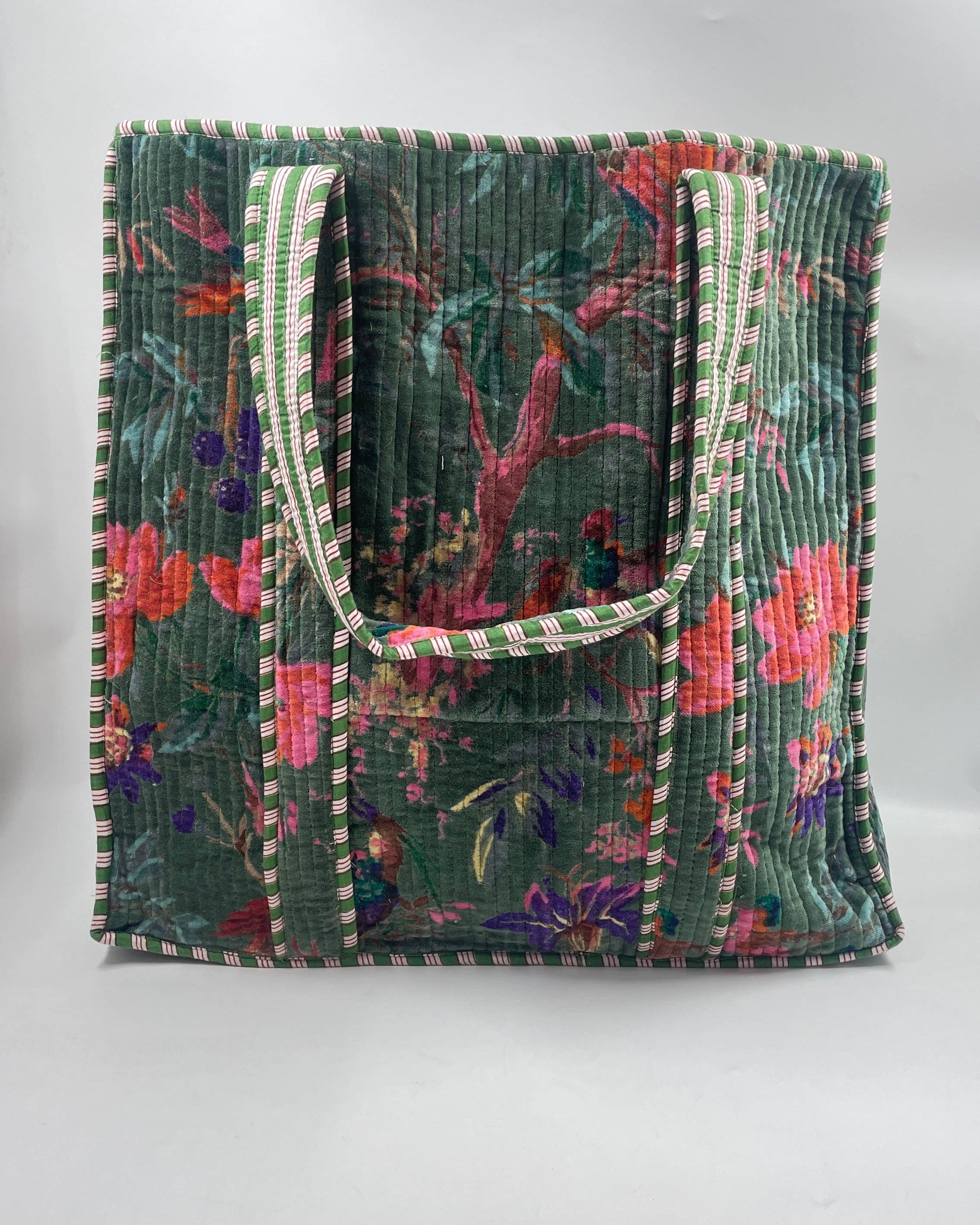 Green Velvet Quilted Tote Bag – Handcrafted Velvet Tote from Jaipur
