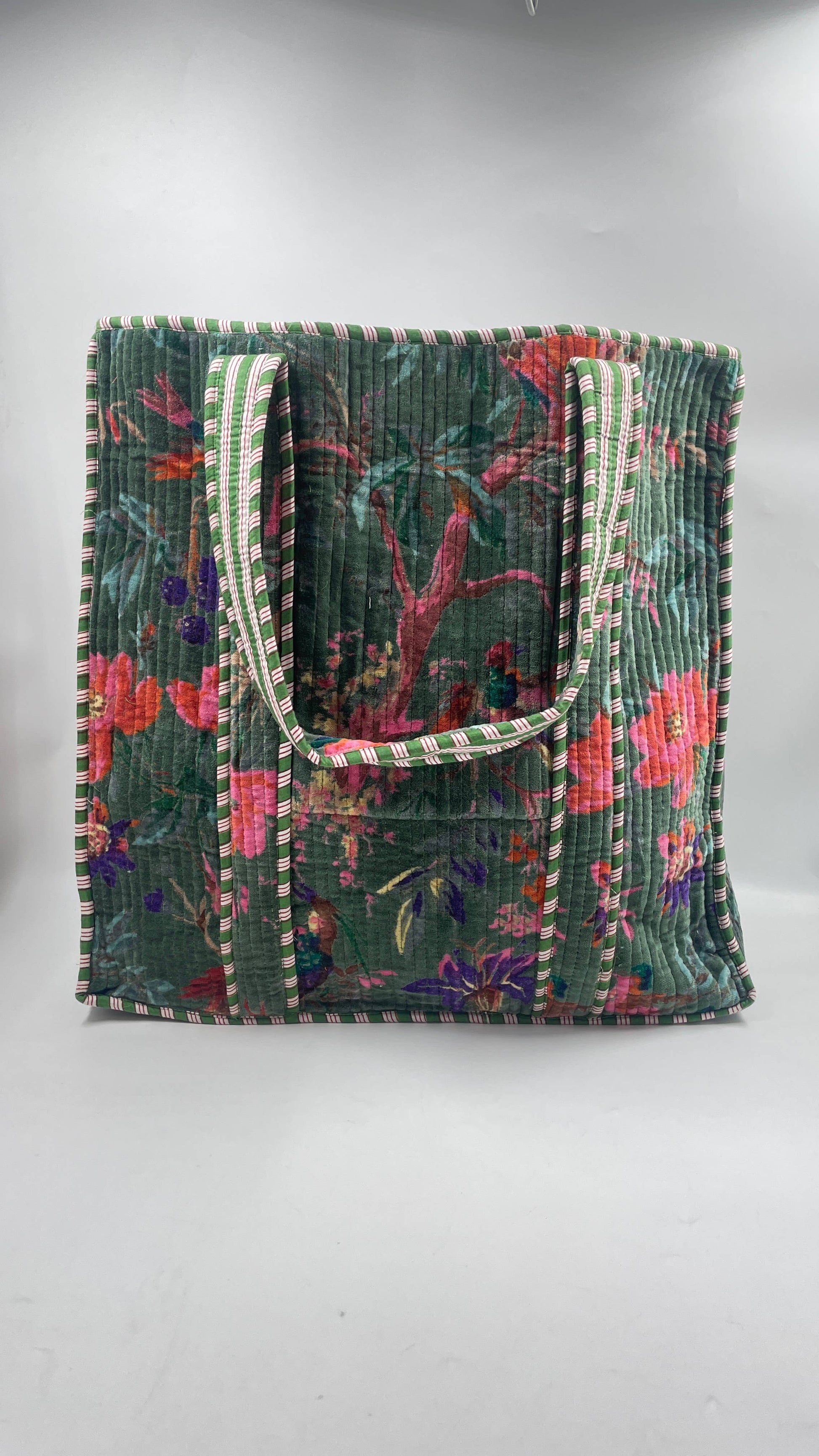 Green Velvet Quilted Tote Bag – Handcrafted Velvet Tote from Jaipur