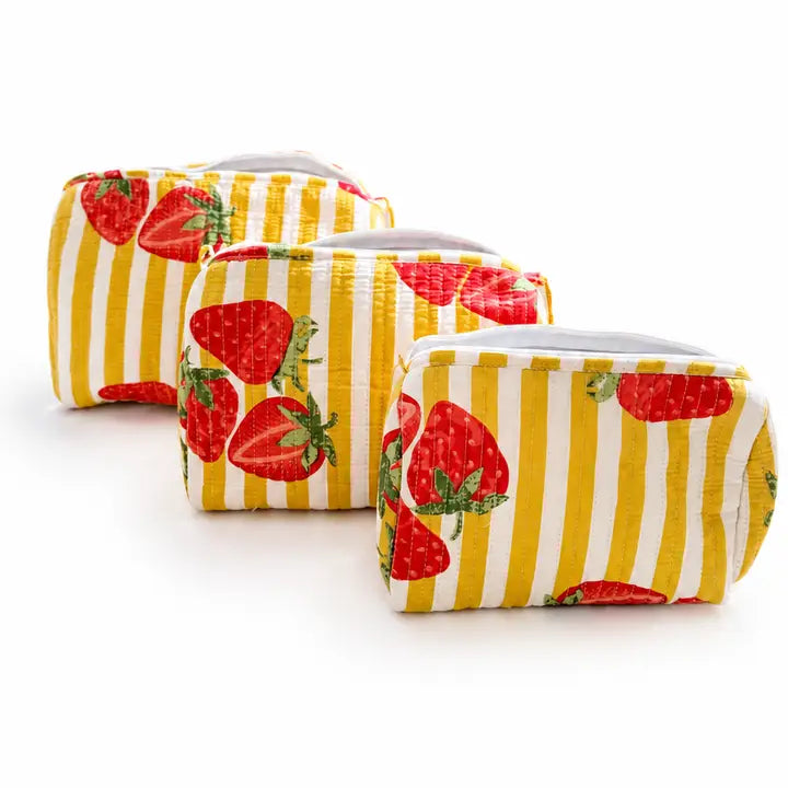 Set of Three Quilted Wash Bags with Yellow Stripe Strawberry Print