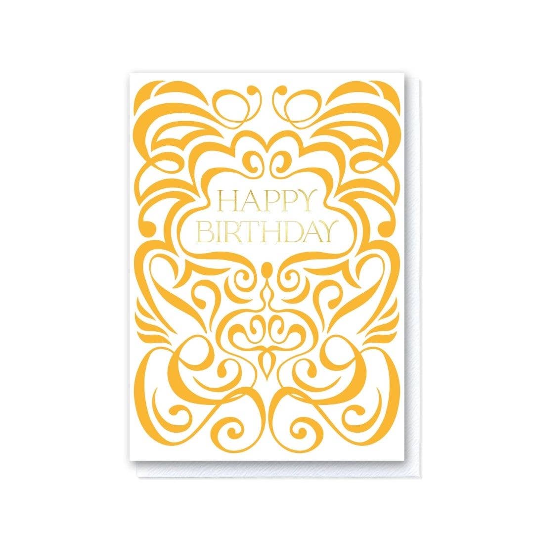 Mustard and White Swirl Happy Birthday Card