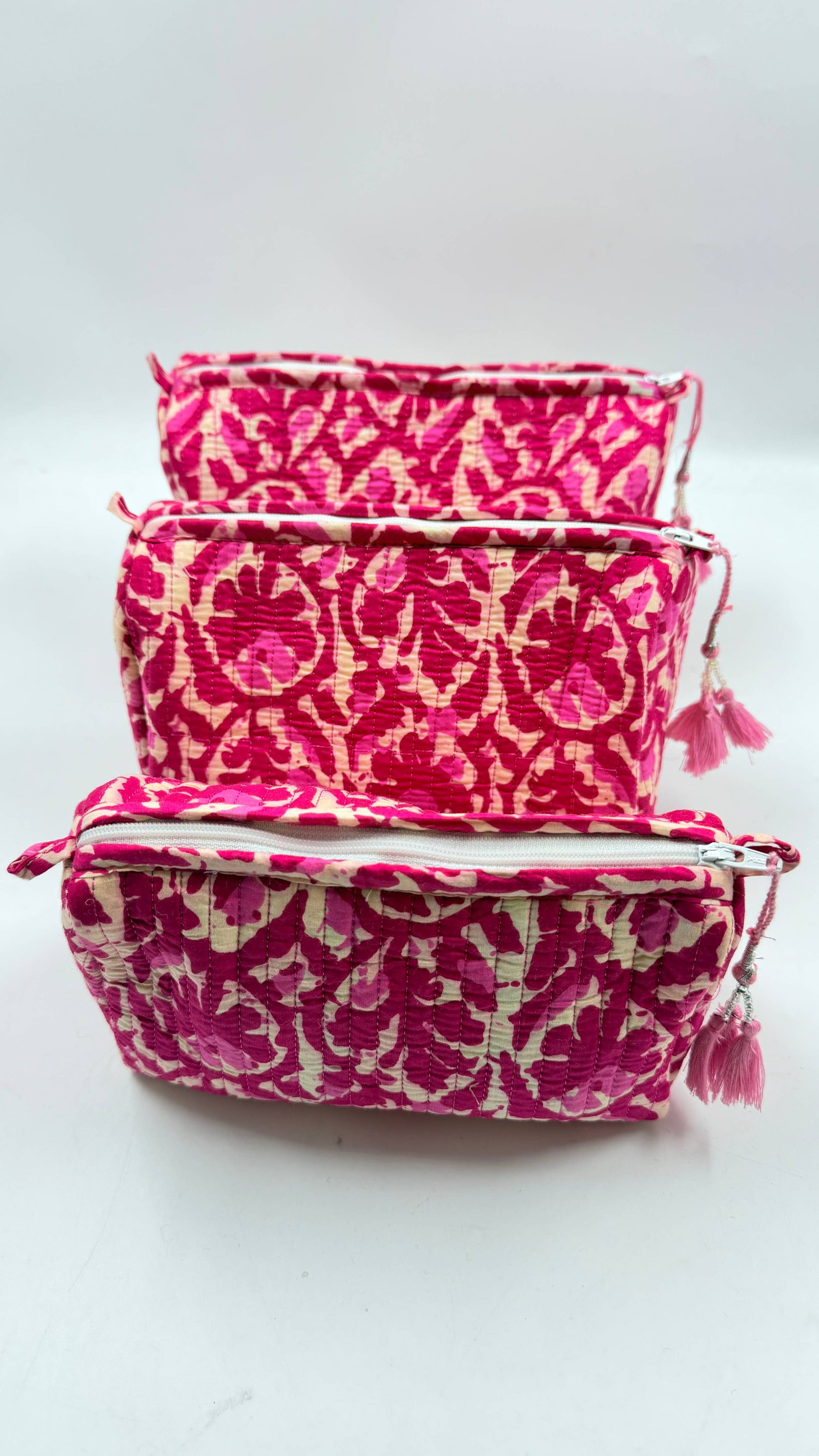 Cerise Pink Cotton Quilted Wash Bags – Set of 3 Makeup & Travel Bags