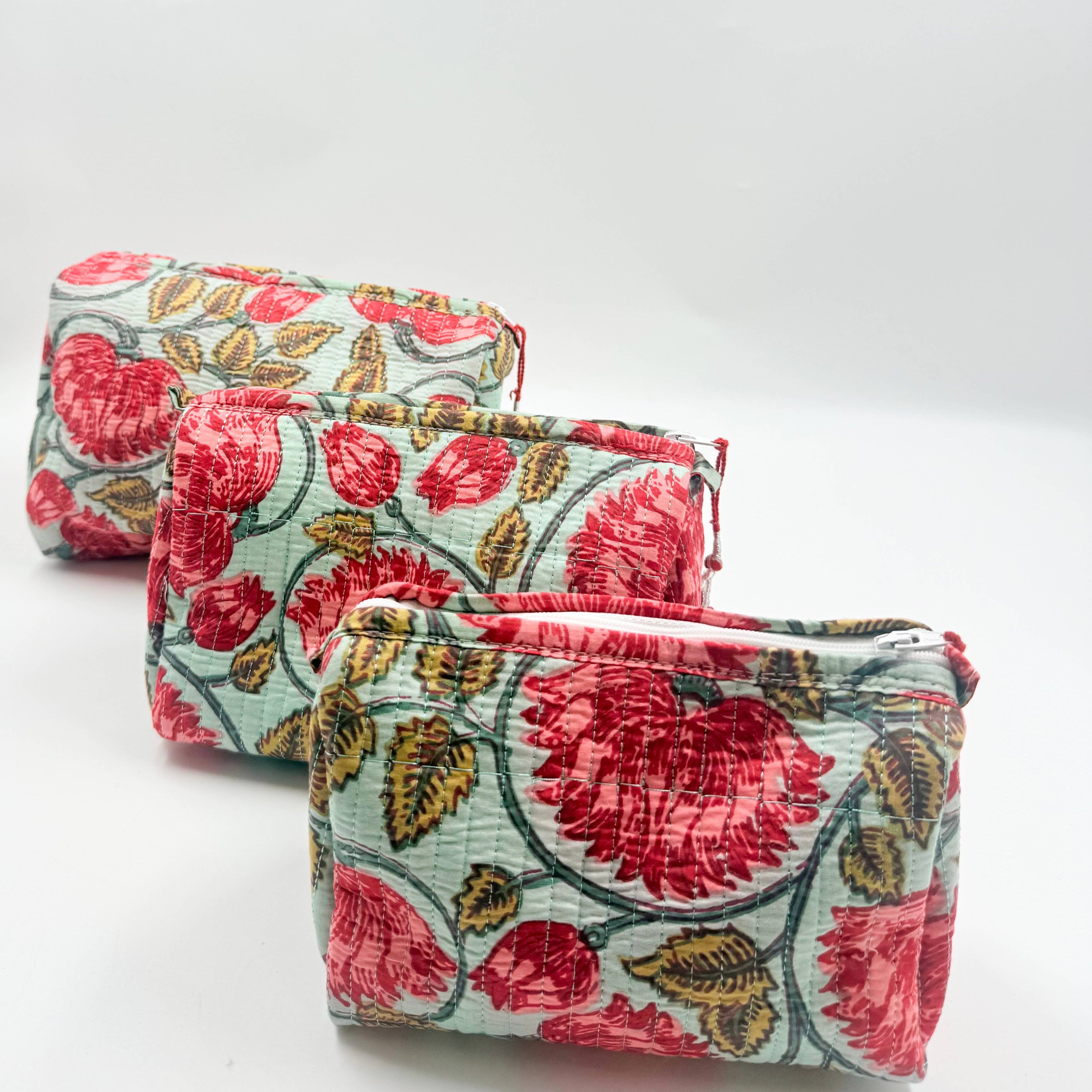 Set of Three Pink Floral Quilted Wash Bags