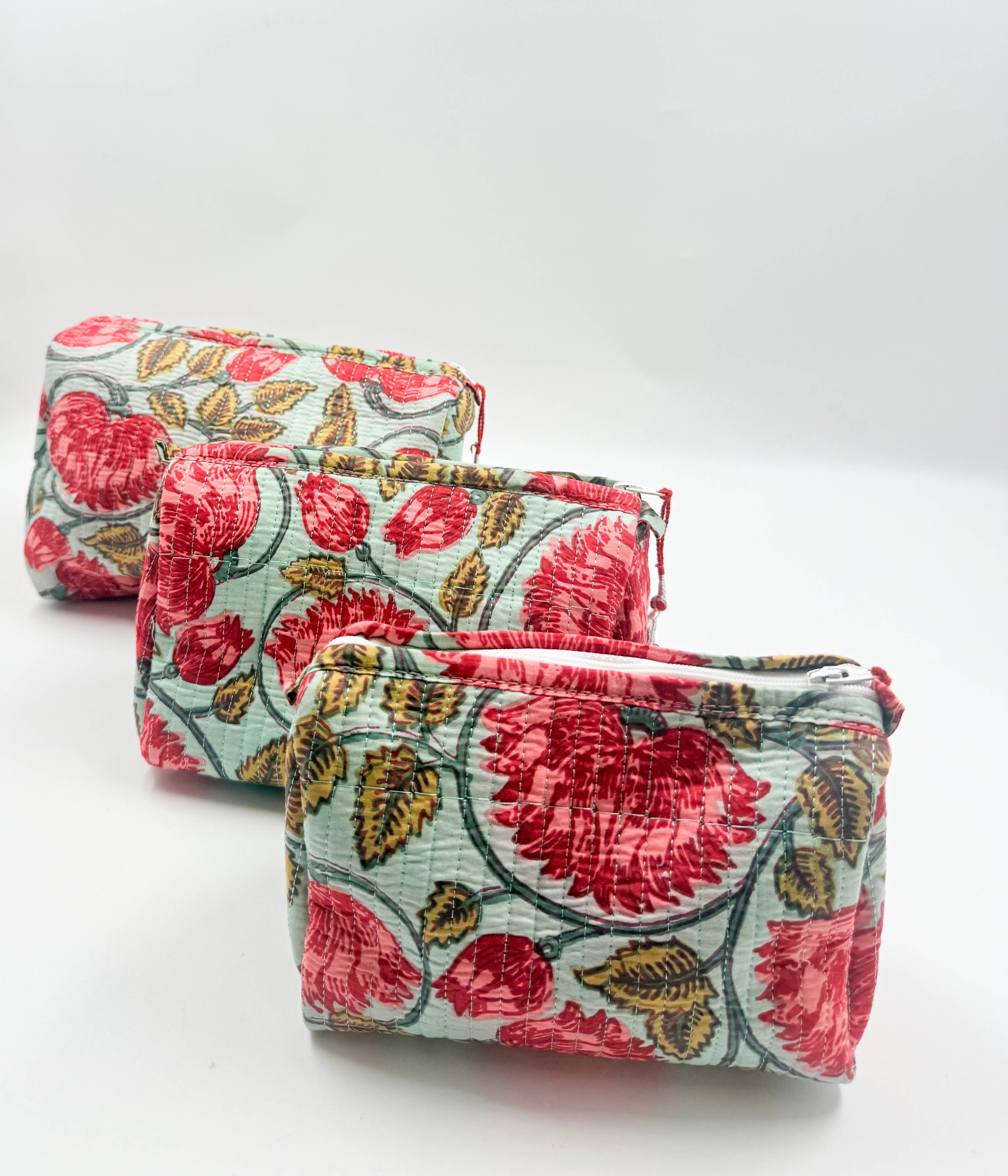 Set of Three Pink Floral Quilted Wash Bags