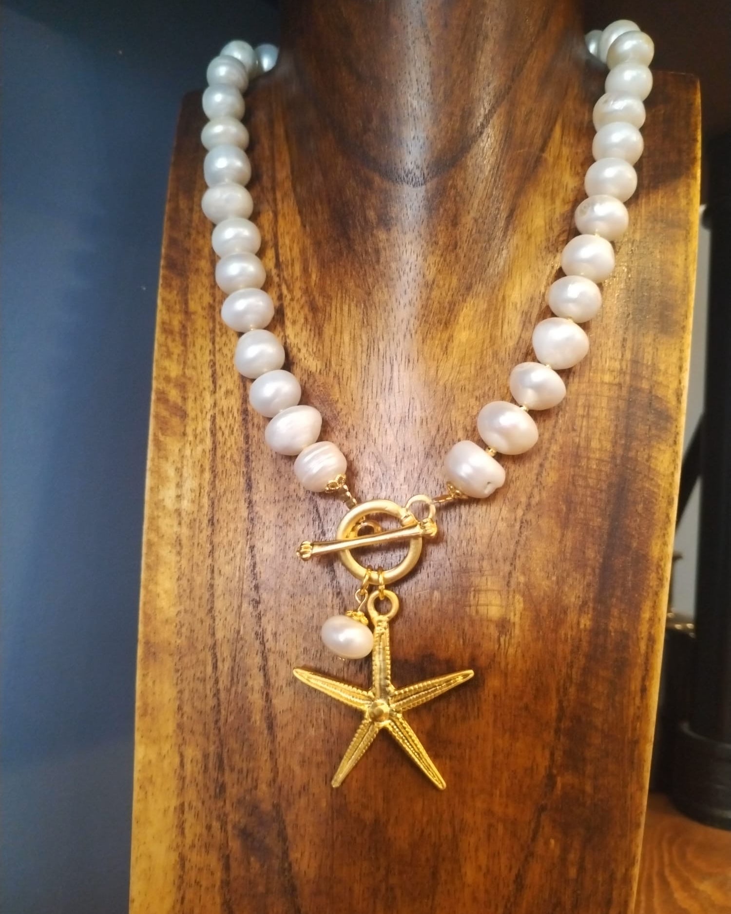 Freshwater Pearl And Gold Necklace With Gold Starfish Charm