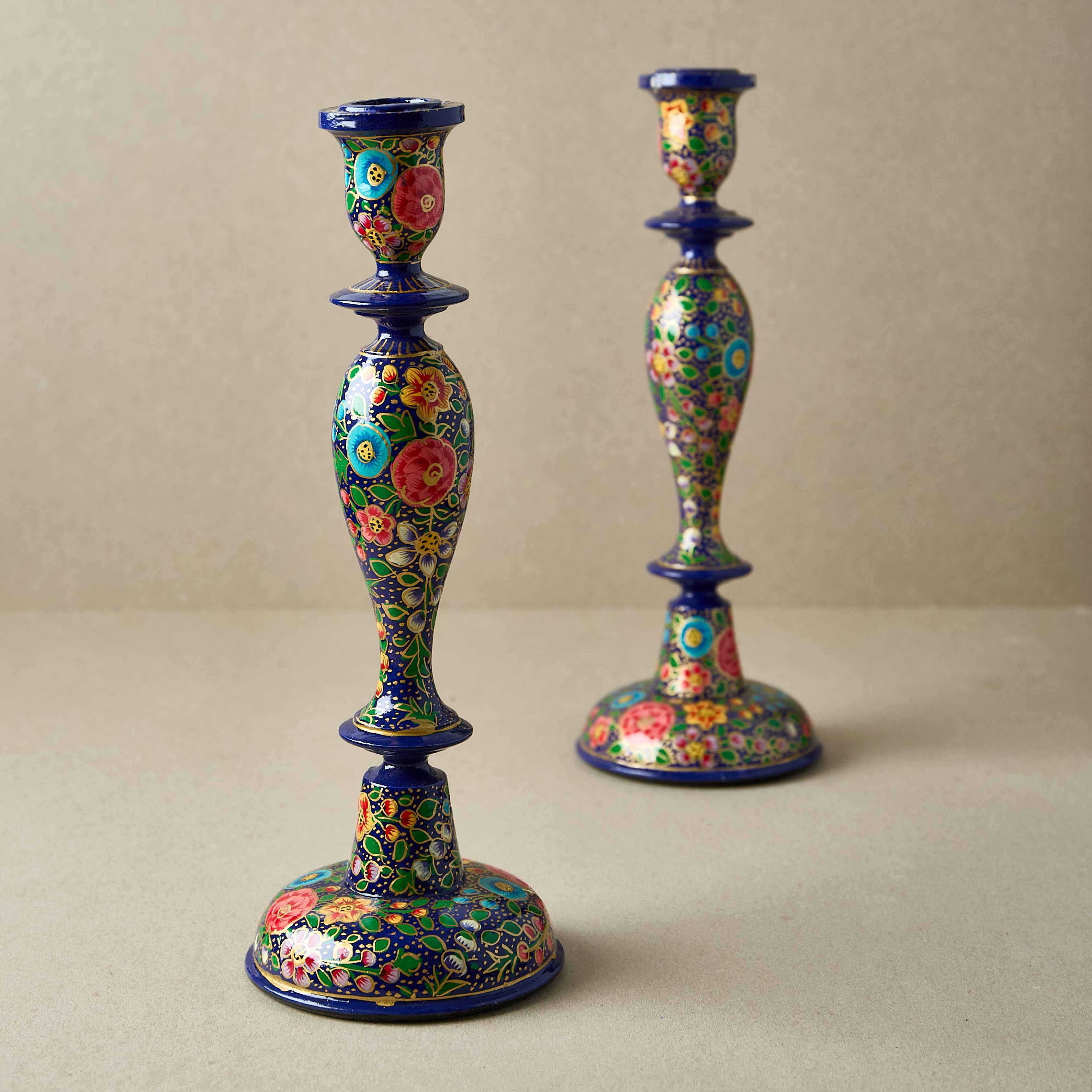 Dark Blue Floral Wooden Candlestick HolderKashmiri Design 12 Inch