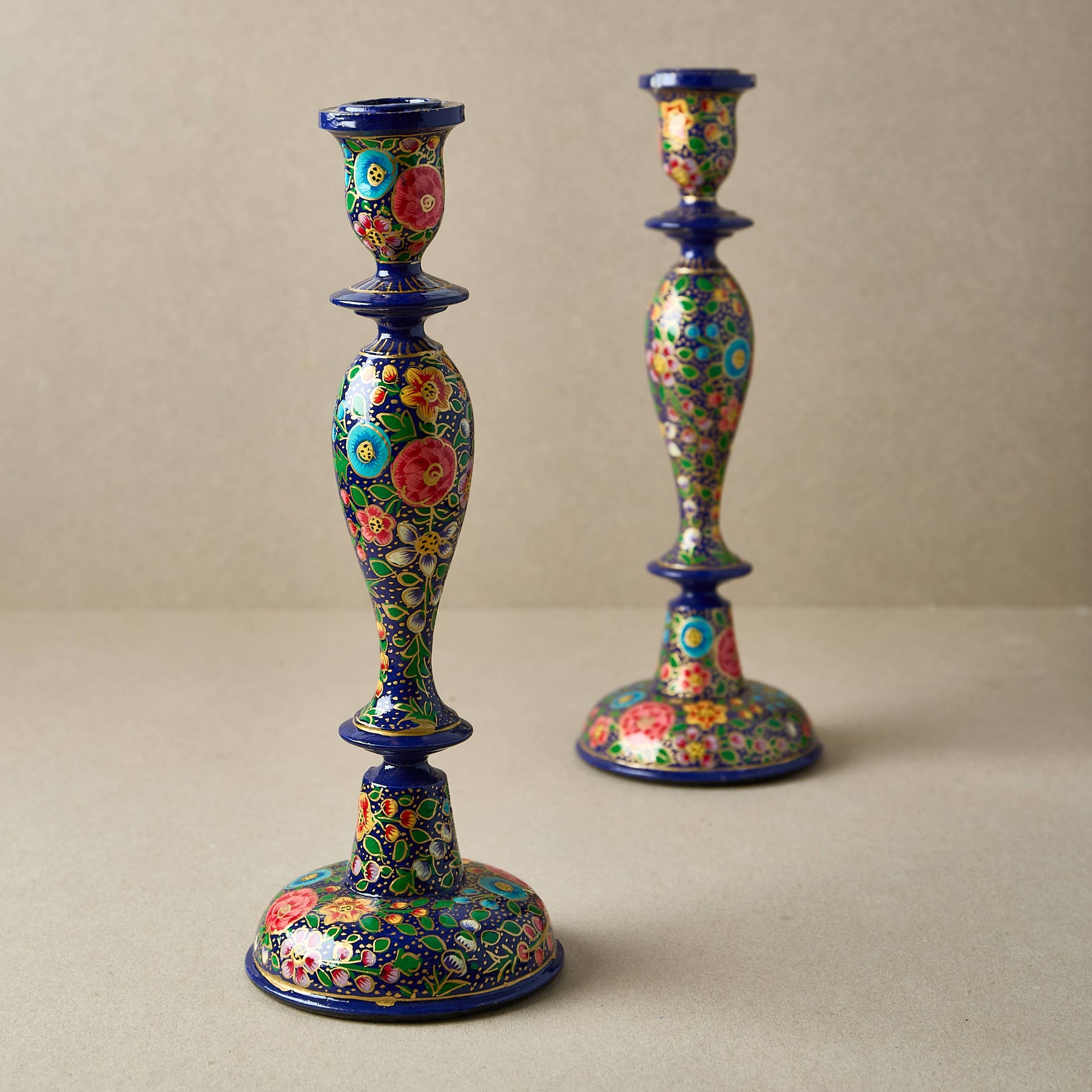 Dark Blue Floral Wooden Candlestick HolderKashmiri Design 12 Inch