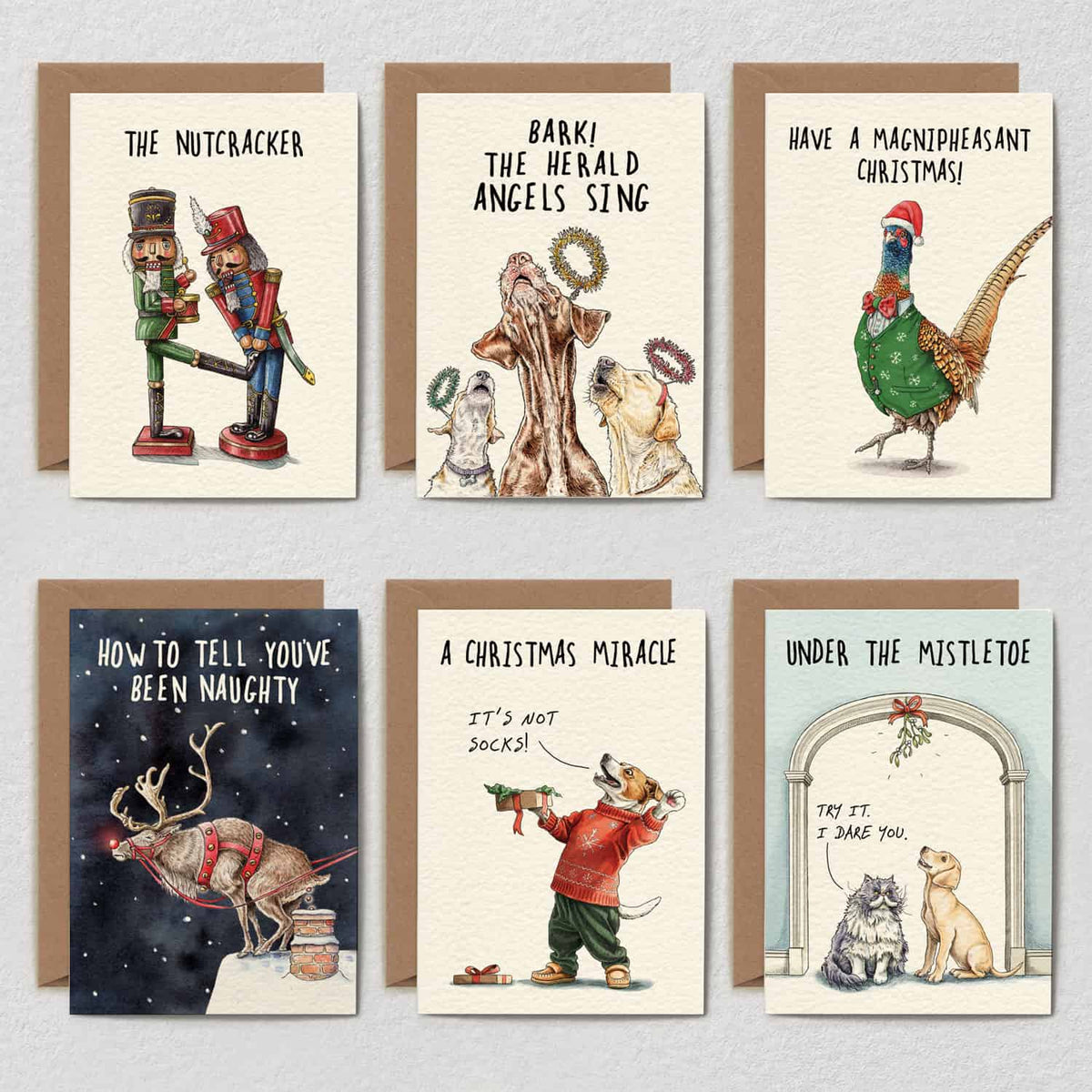 Jolly Tidings Christmas Card Set – Box of 6 Assorted A6 Cards by Bewilderbeest