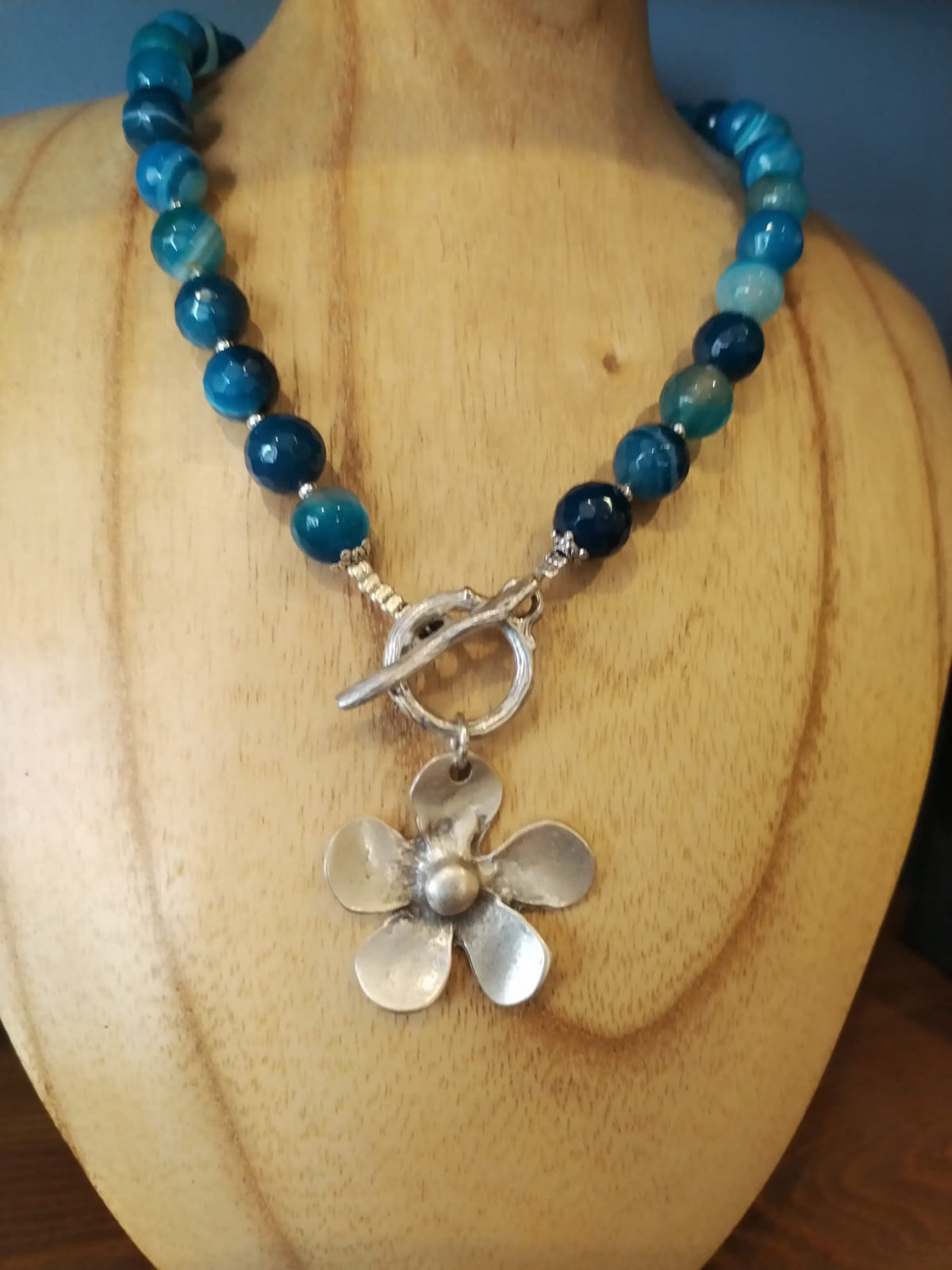 Blue Agate Necklace with Silver Flower Charm