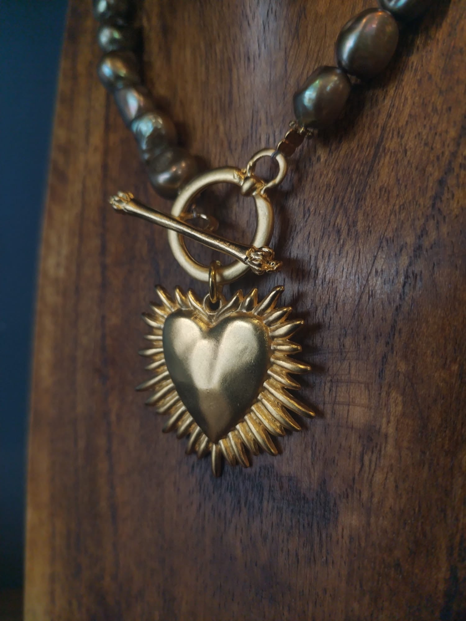 Olive Green Freshwater Pearl And Gold Blazing Heart Charm Necklace