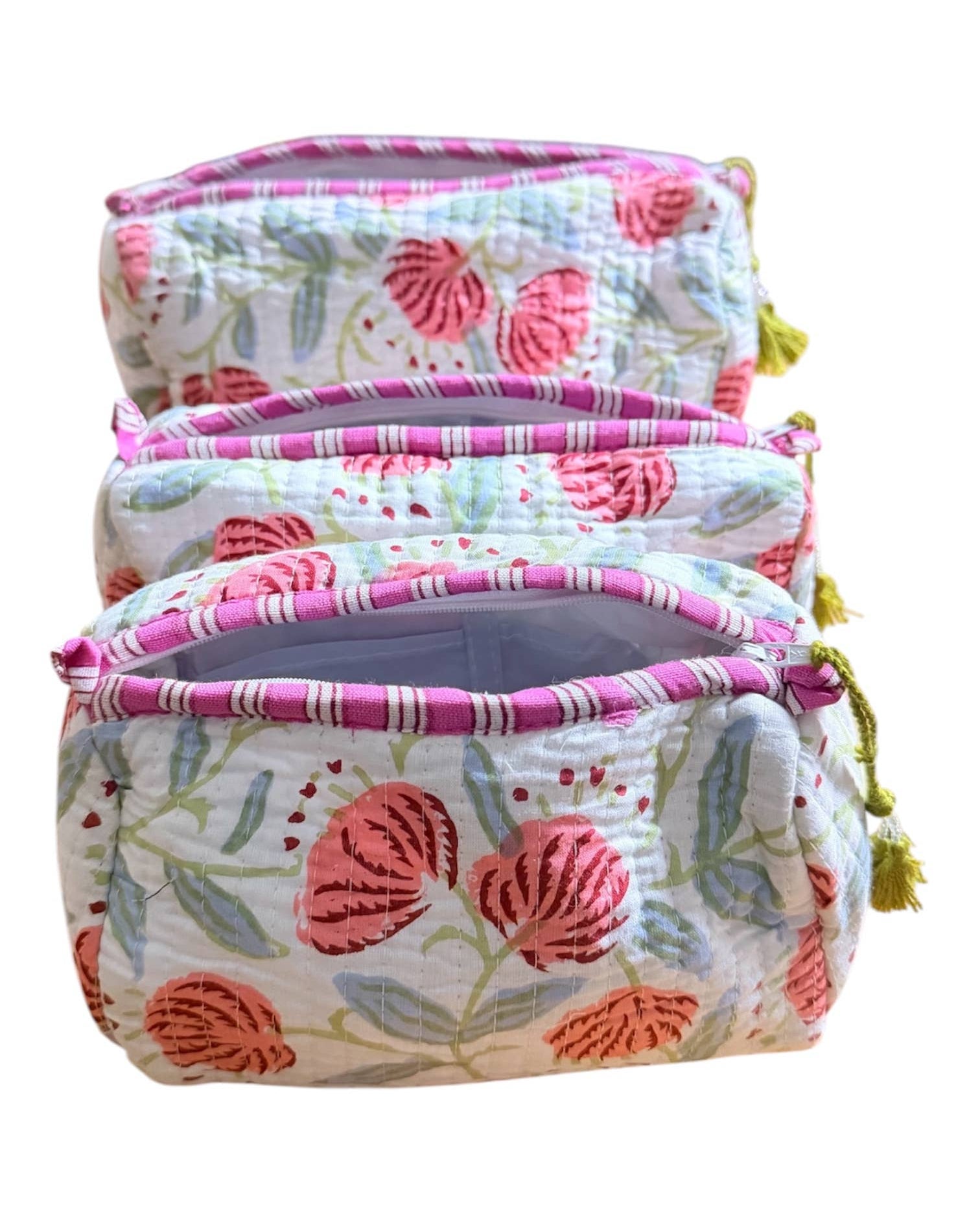 Quilted Cotton Wash Bags, Set of Three with Peach Floral Print