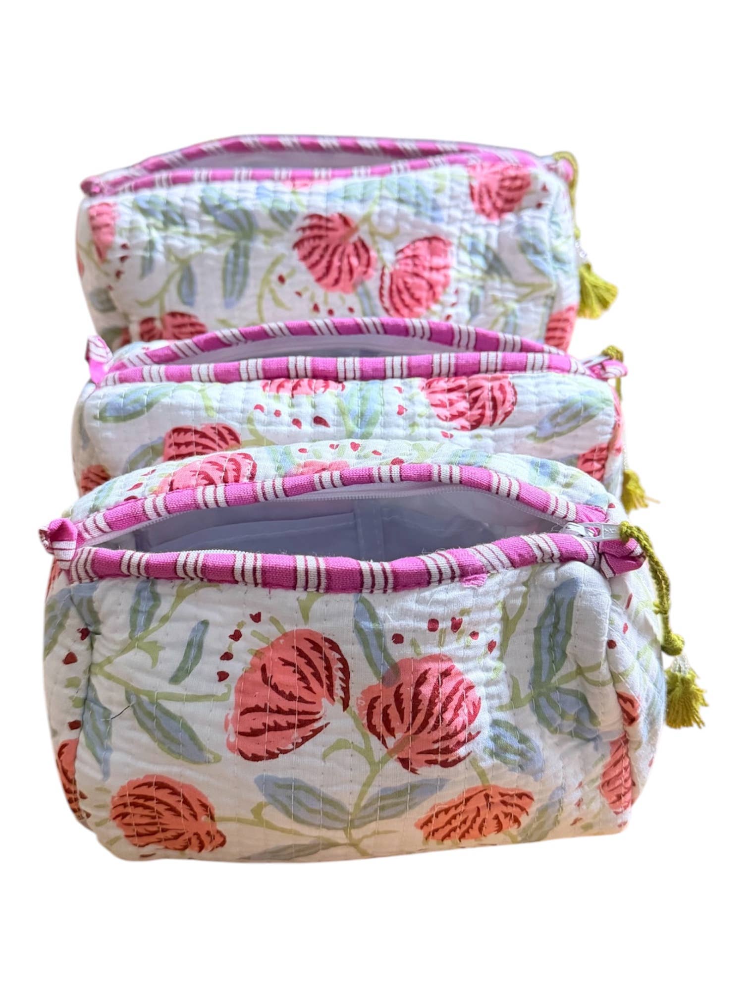 Quilted Cotton Wash Bags, Set of Three with Peach Floral Print