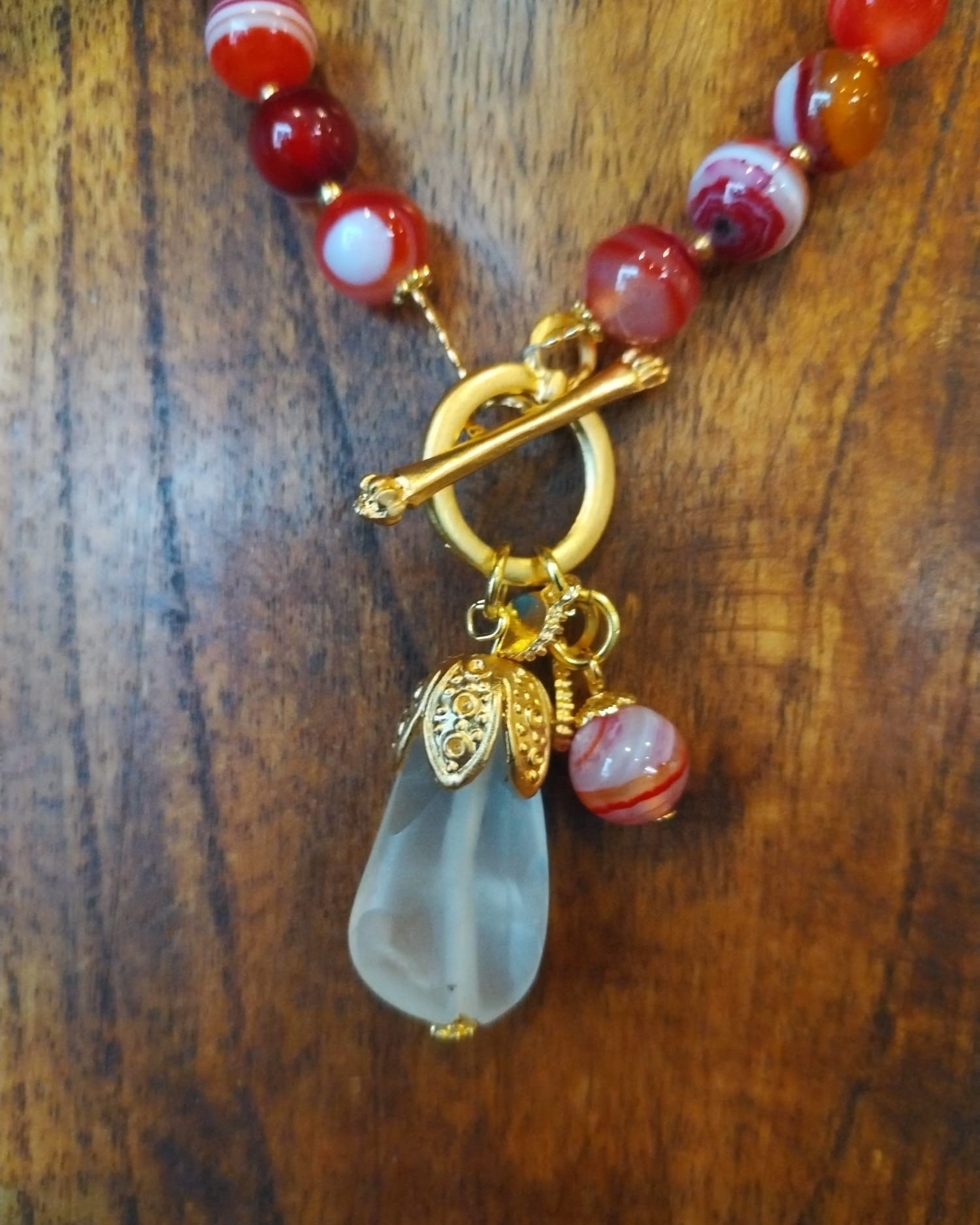 Red Agate Necklace with Quartz Charm and Gold Details 42cm