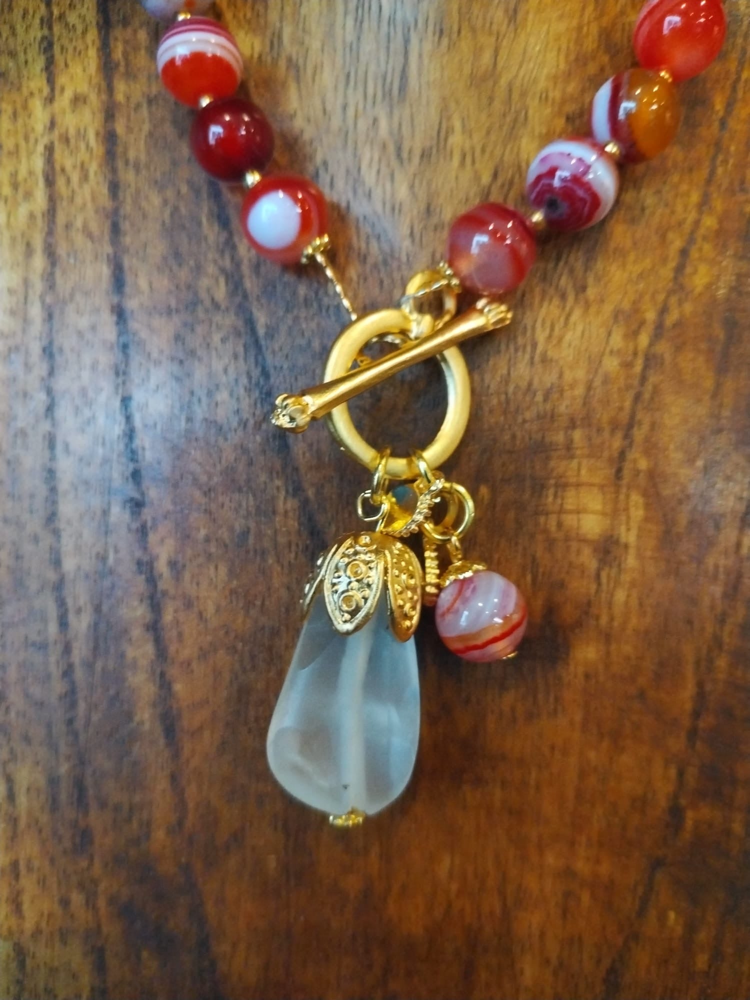Red Agate Necklace with Quartz Charm and Gold Details 42cm
