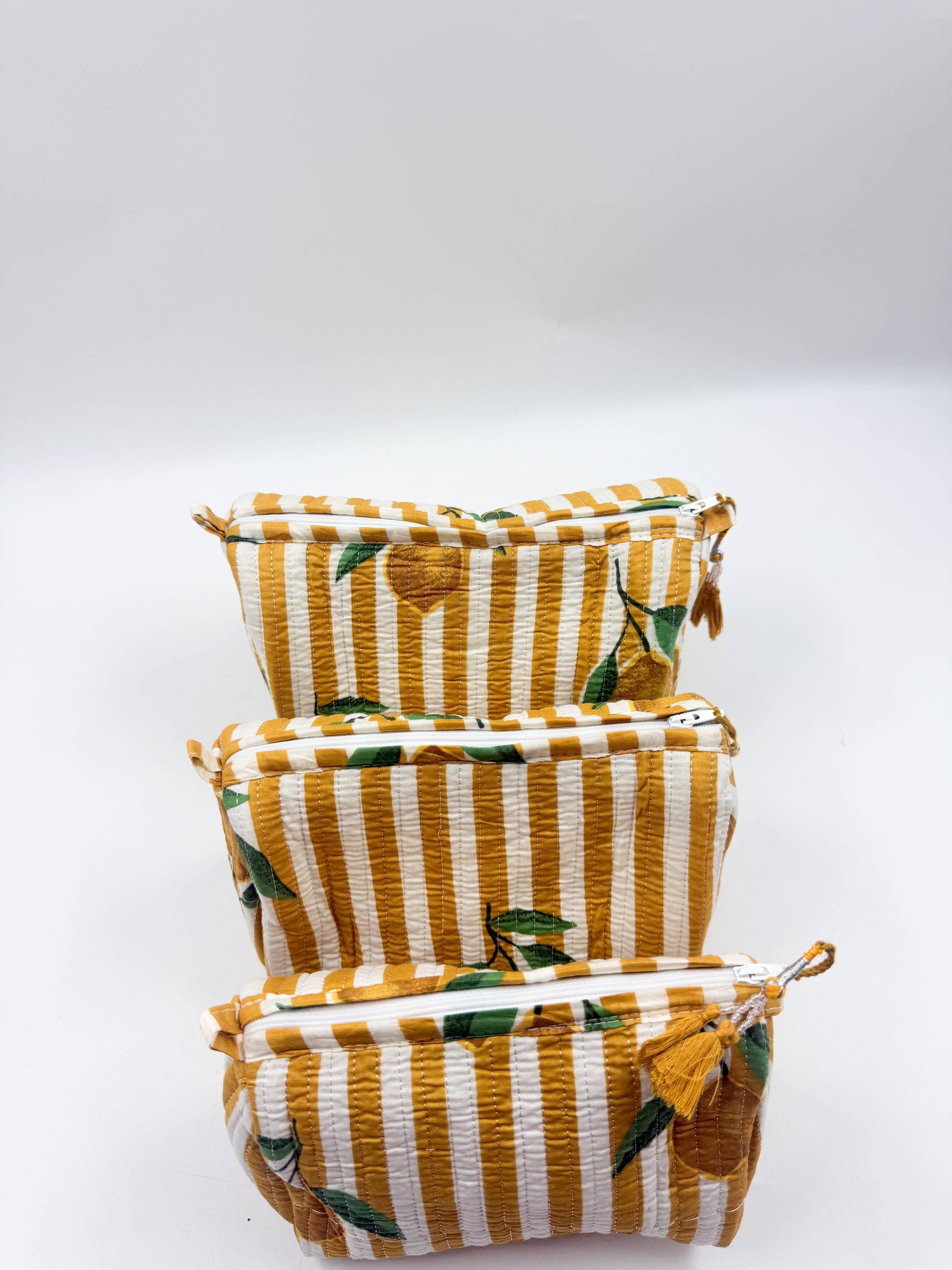 Set of Three Quilted Wash Bags with Lemon Stripe Print