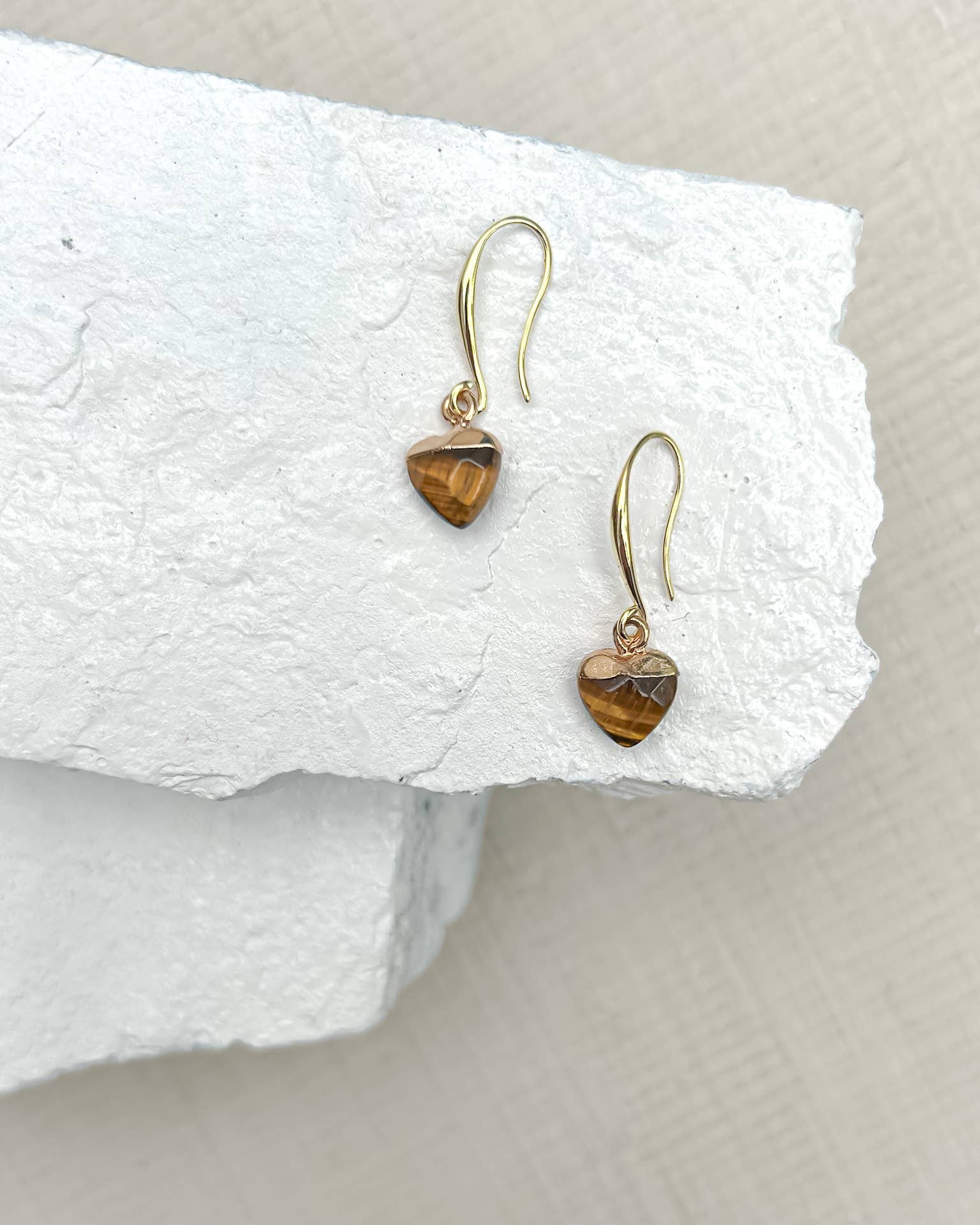 Tiger’s Eye Small Heart Earrings with 18k Gold-Plated Hooks