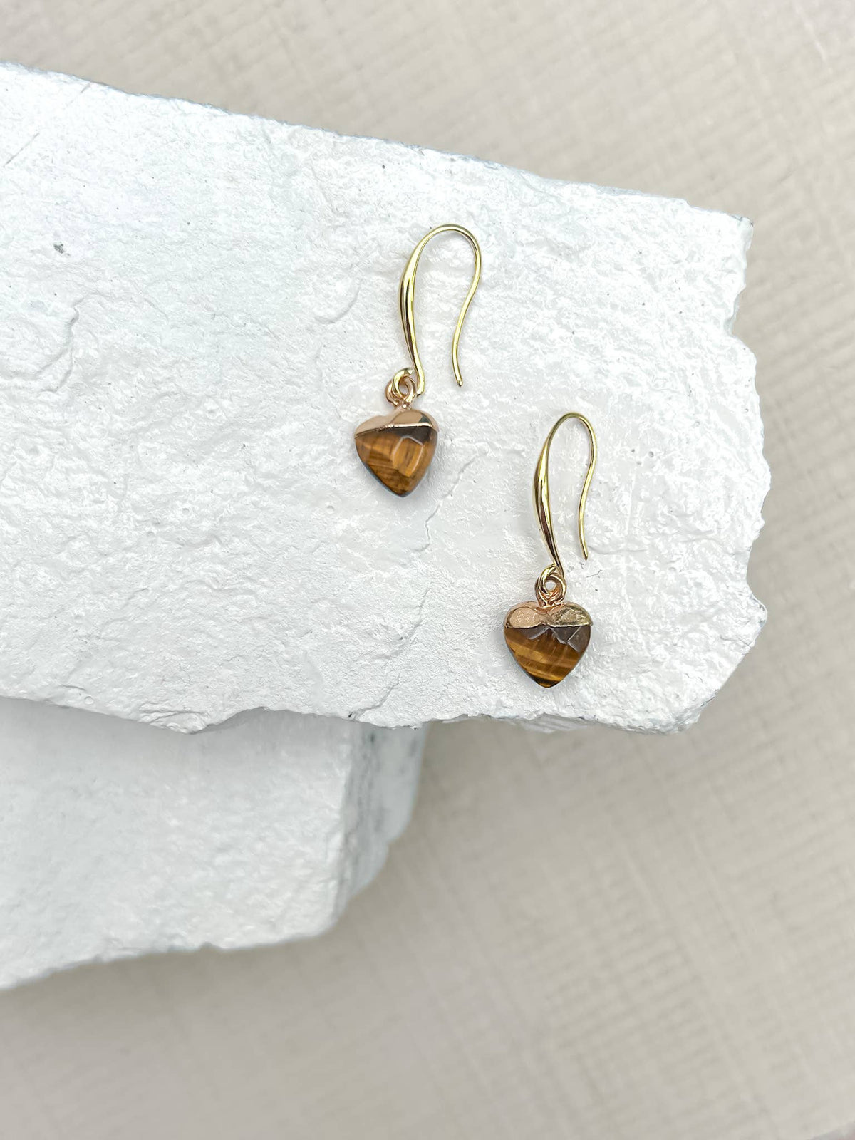 Tiger’s Eye Small Heart Earrings with 18k Gold-Plated Hooks