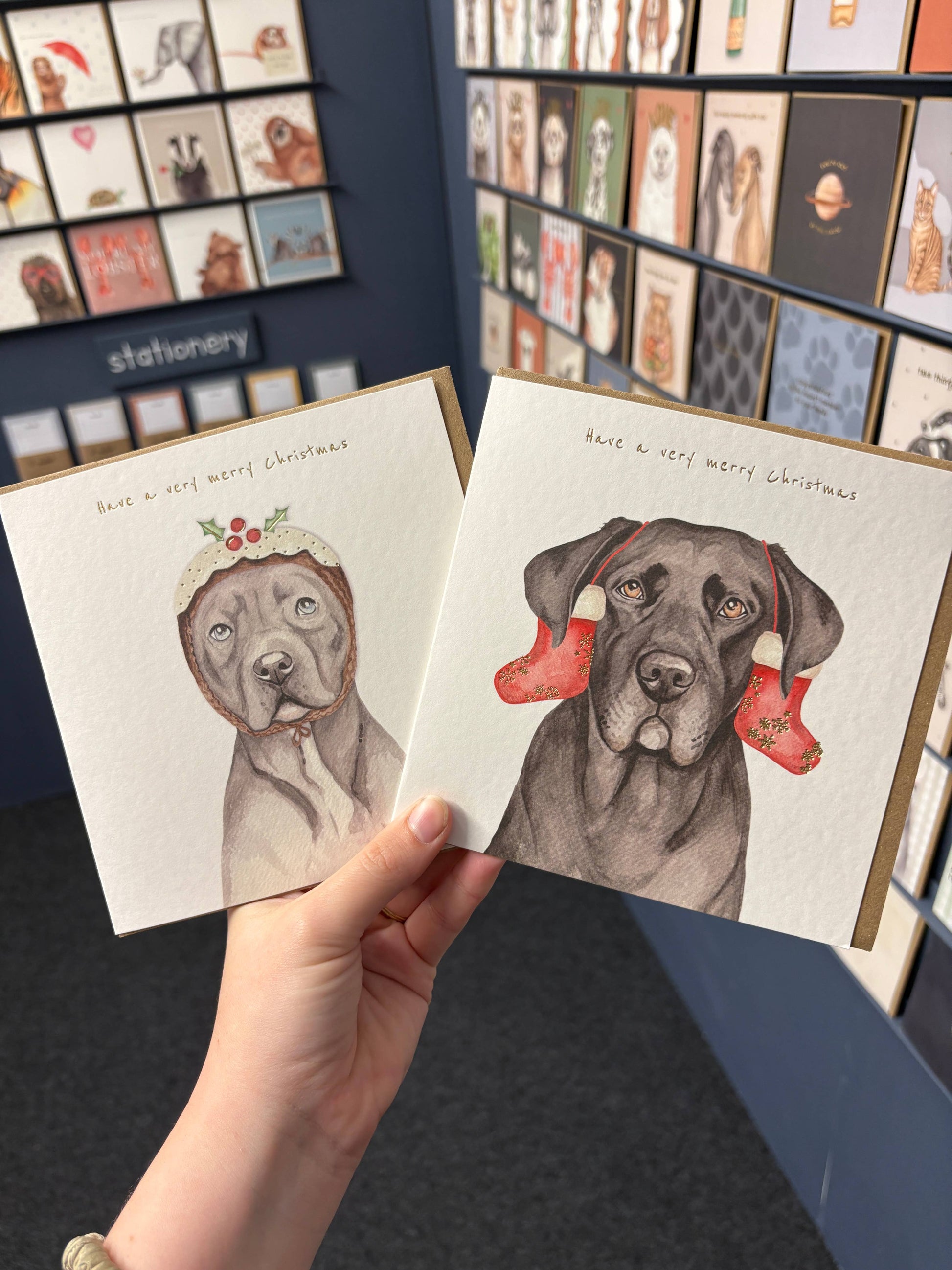 Staffordshire Bull Terrier Christmas Card with Pudding Hat by Lil Wabbit