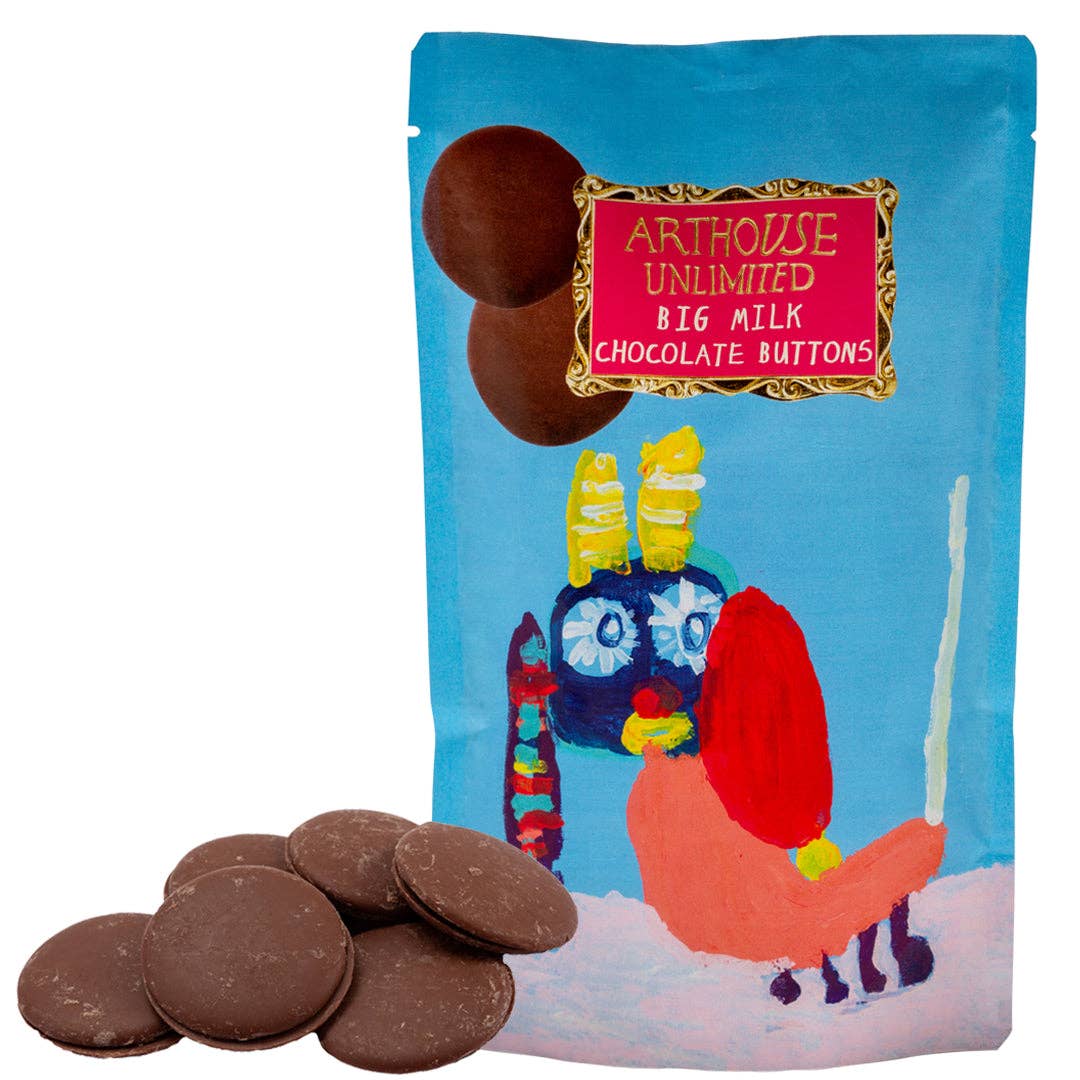 Bag of Arthouse Unlimited Big Milk Chocolate Buttons with colorful robot illustration on a white background