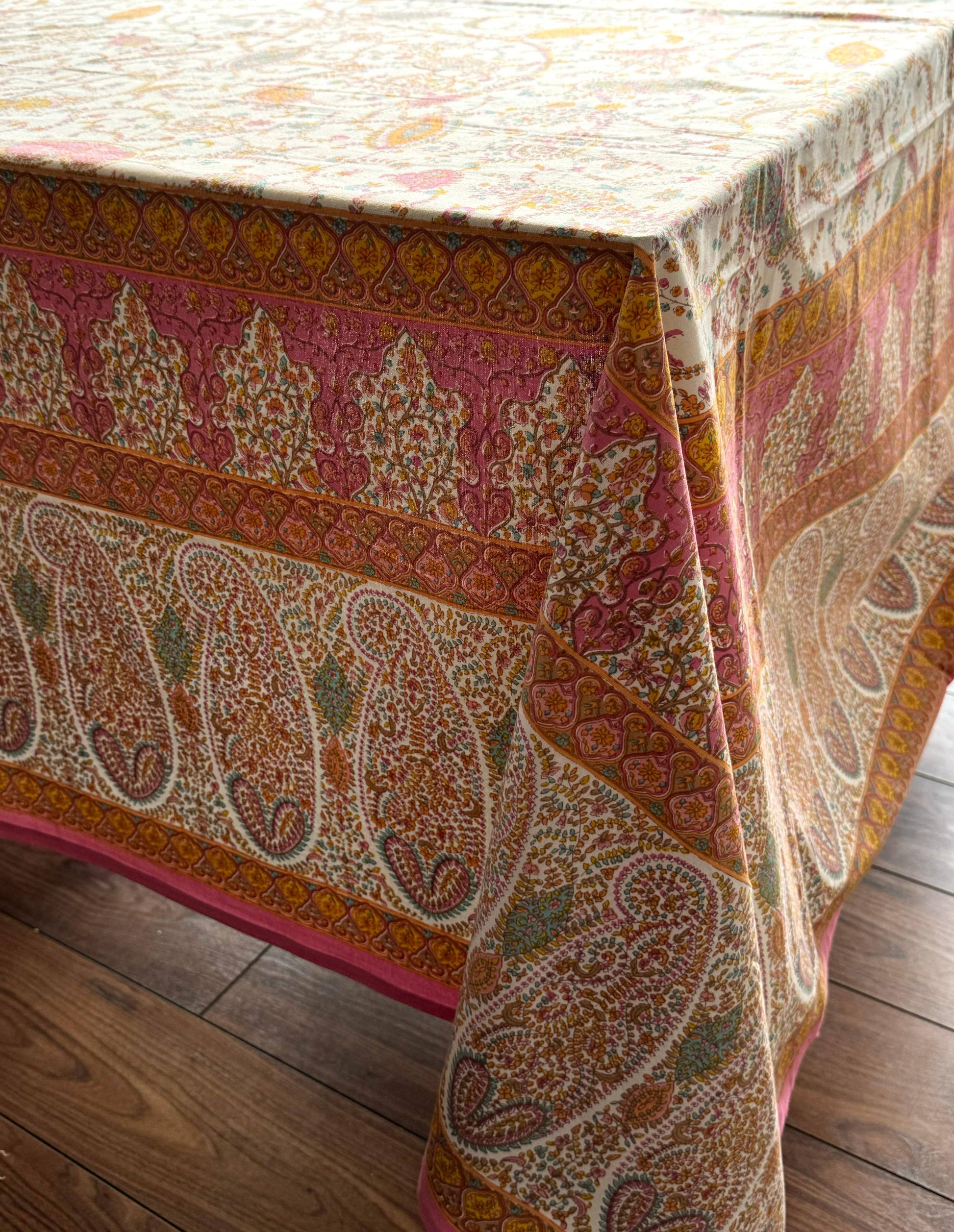 Cotton Summer Tablecloth in Cream Pink Paisley