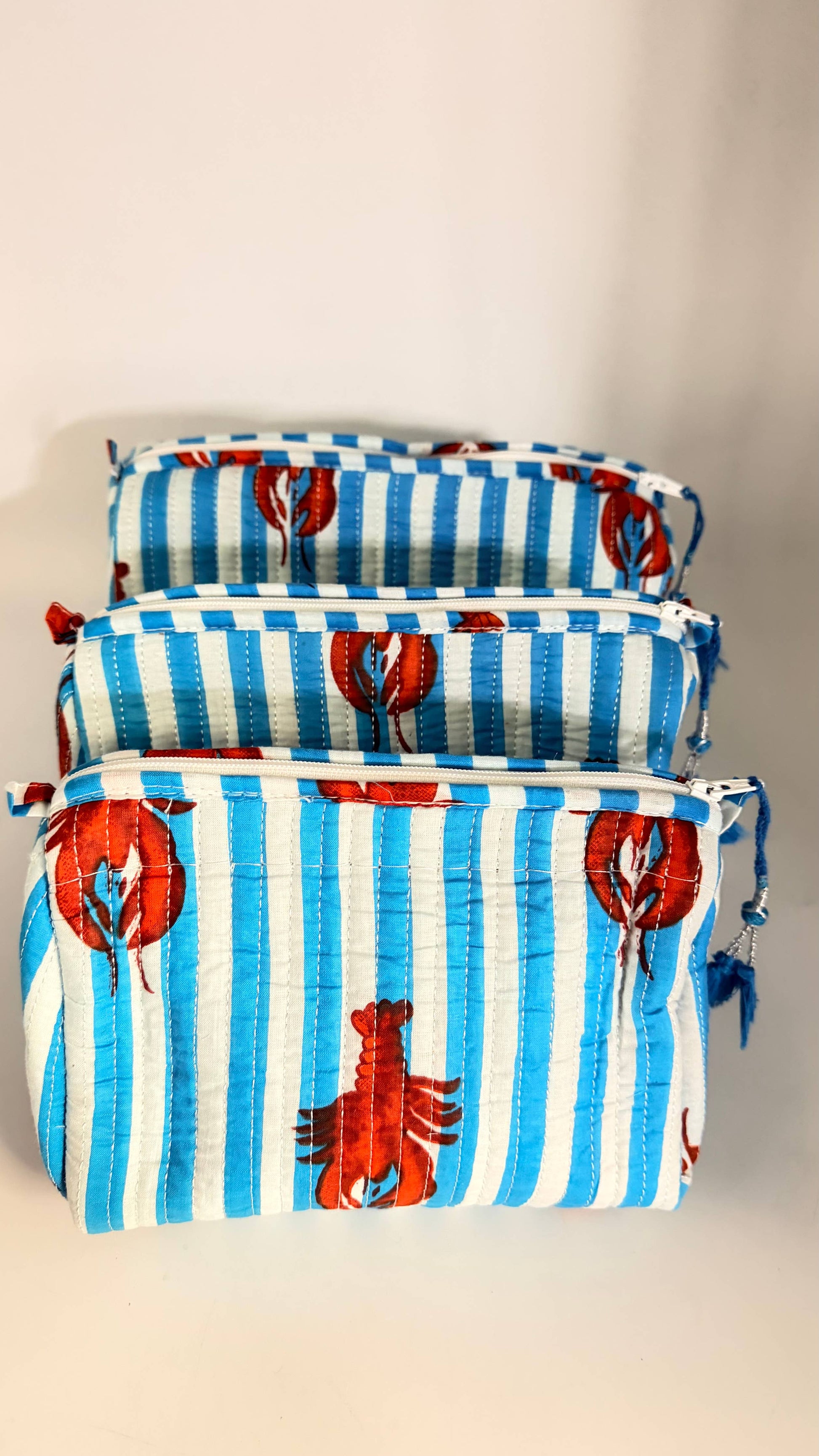 Set of Three Quilted Wash Bags with Blue Stripe Lobster Print