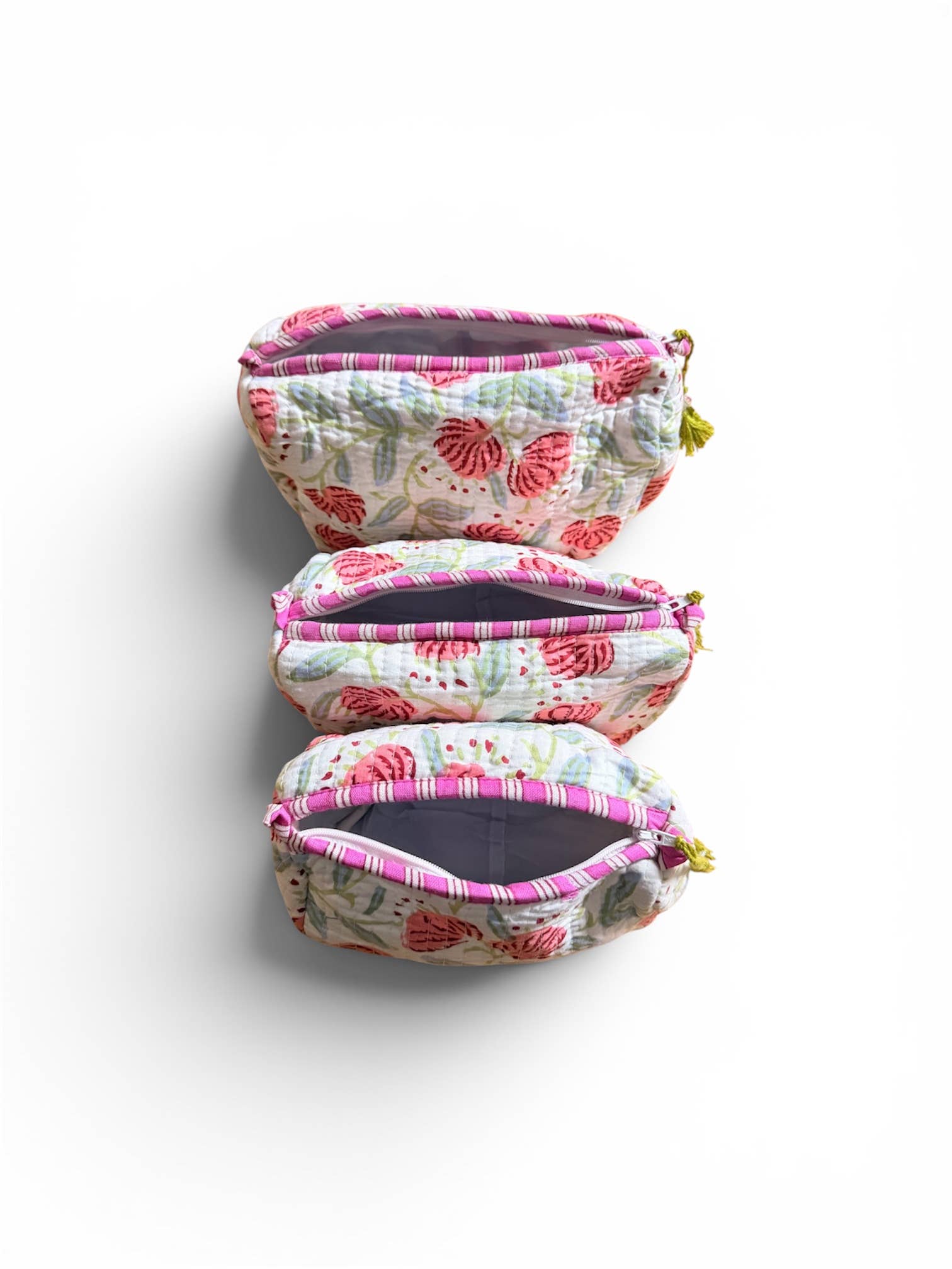 Quilted Cotton Wash Bags, Set of Three with Peach Floral Print