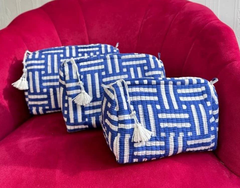 Blue Geometric Quilted Wash Bag Set of Three