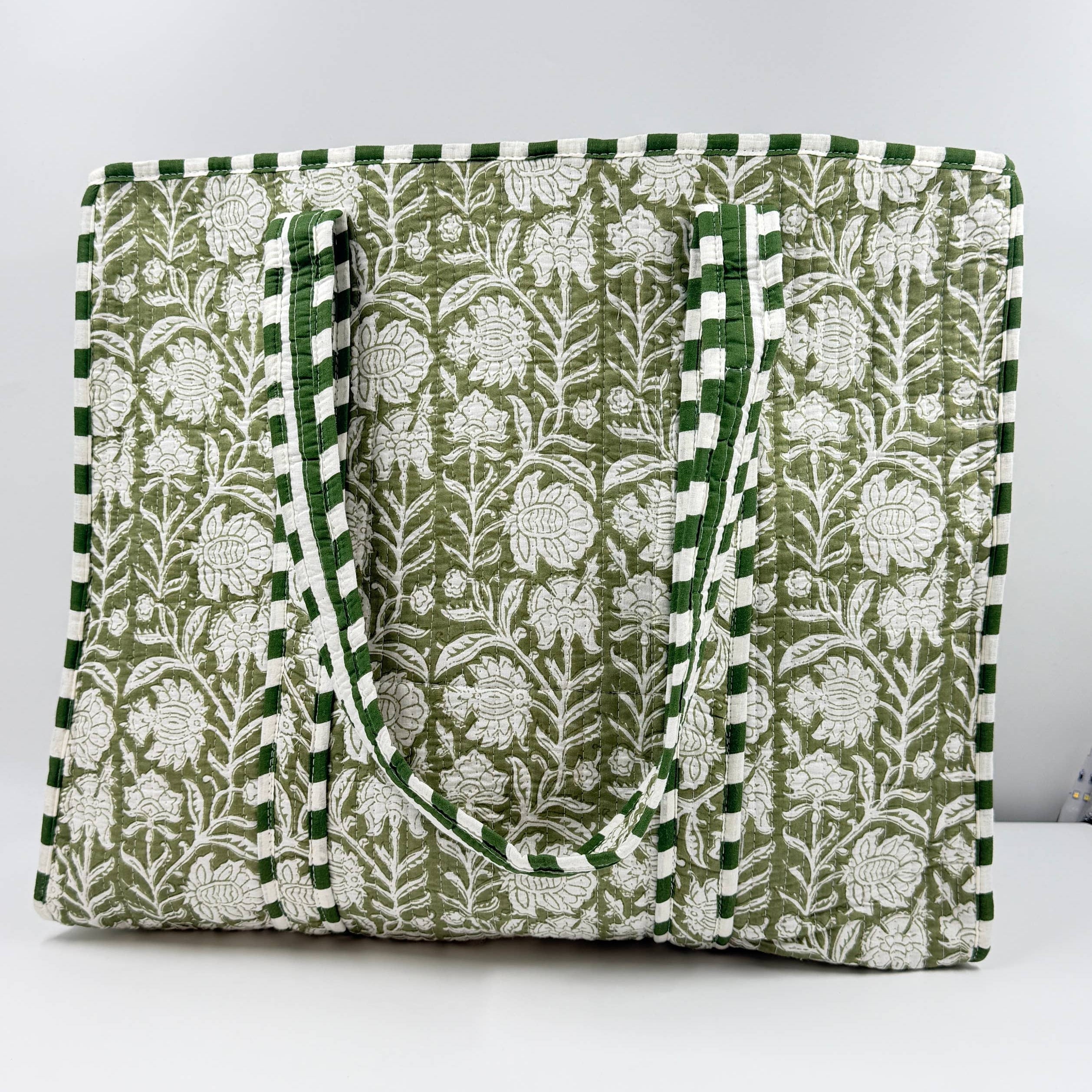 Green Floral Cotton Quilted Tote Bag Block Printed