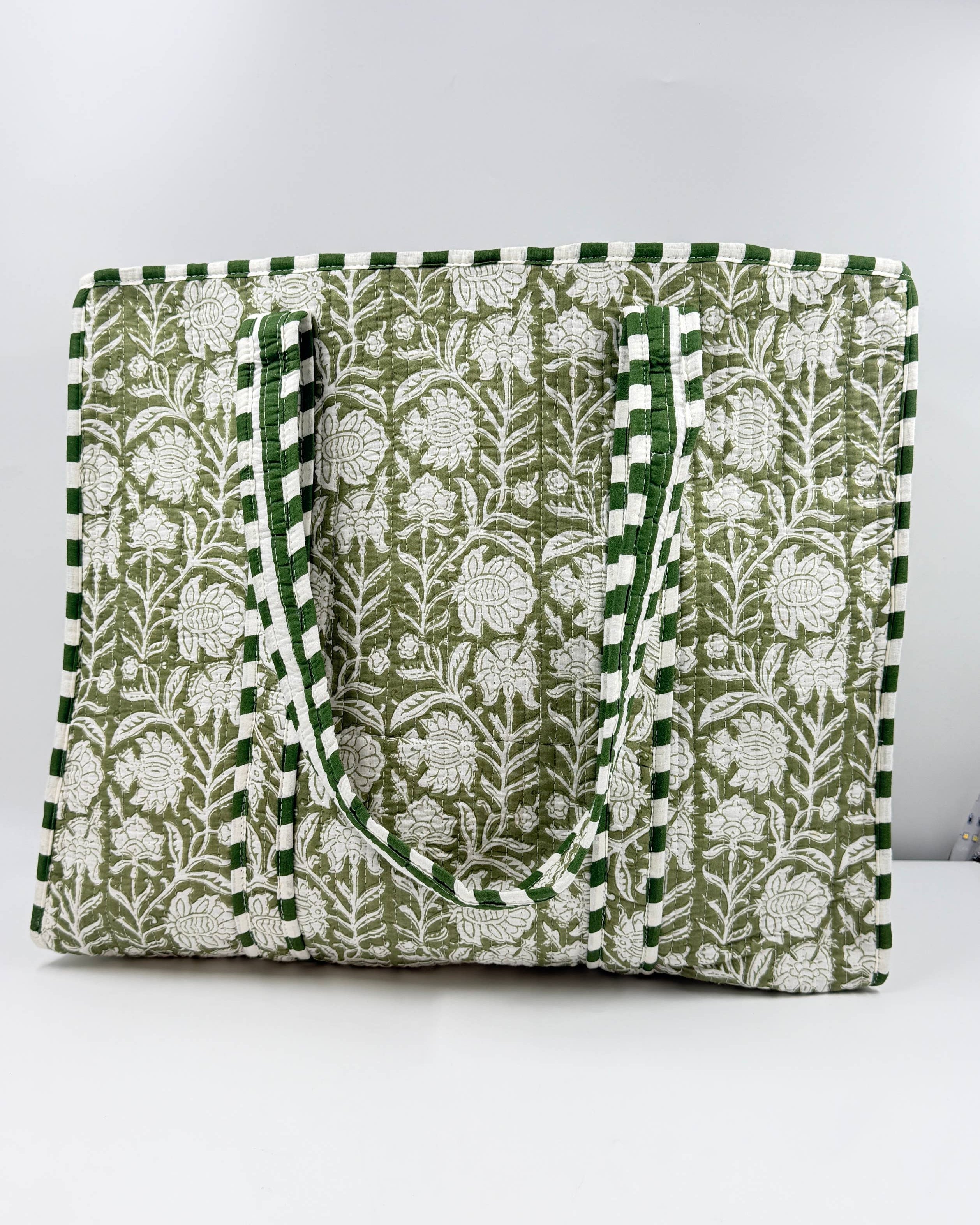 Green Floral Cotton Quilted Tote Bag Block Printed