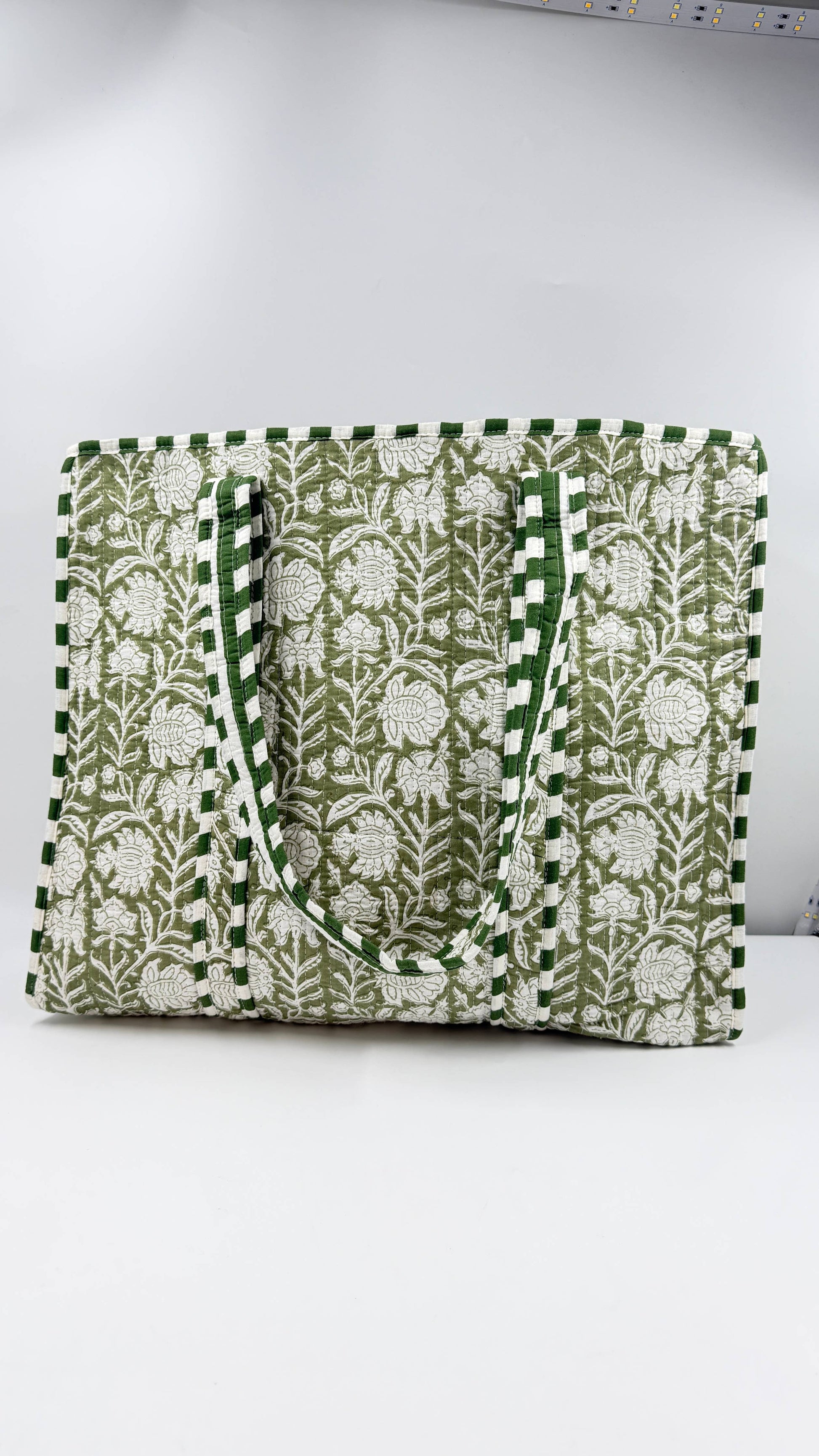 Green Floral Cotton Quilted Tote Bag Block Printed