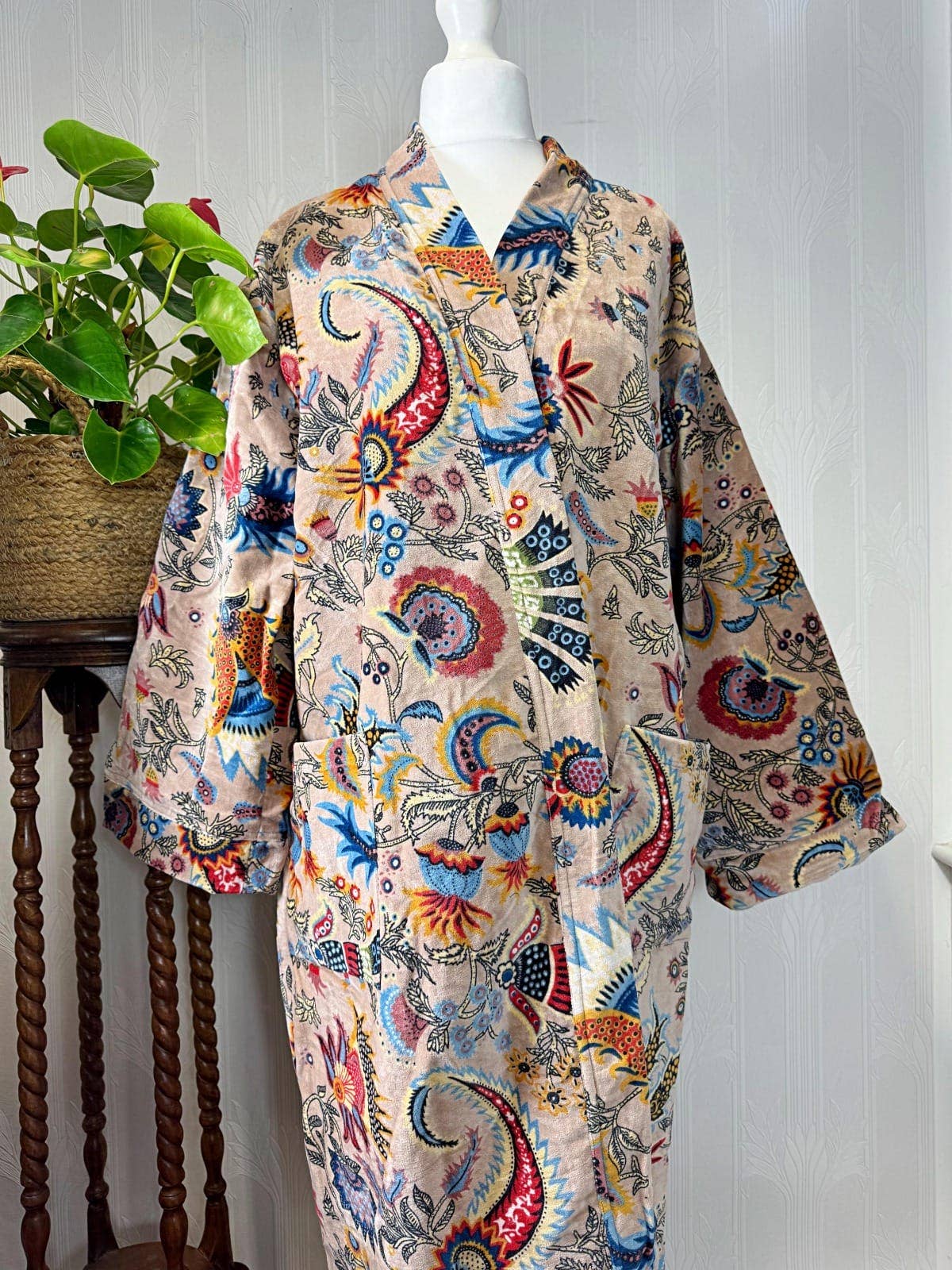 Cream Luxurious Printed Velvet Robe, fully lined