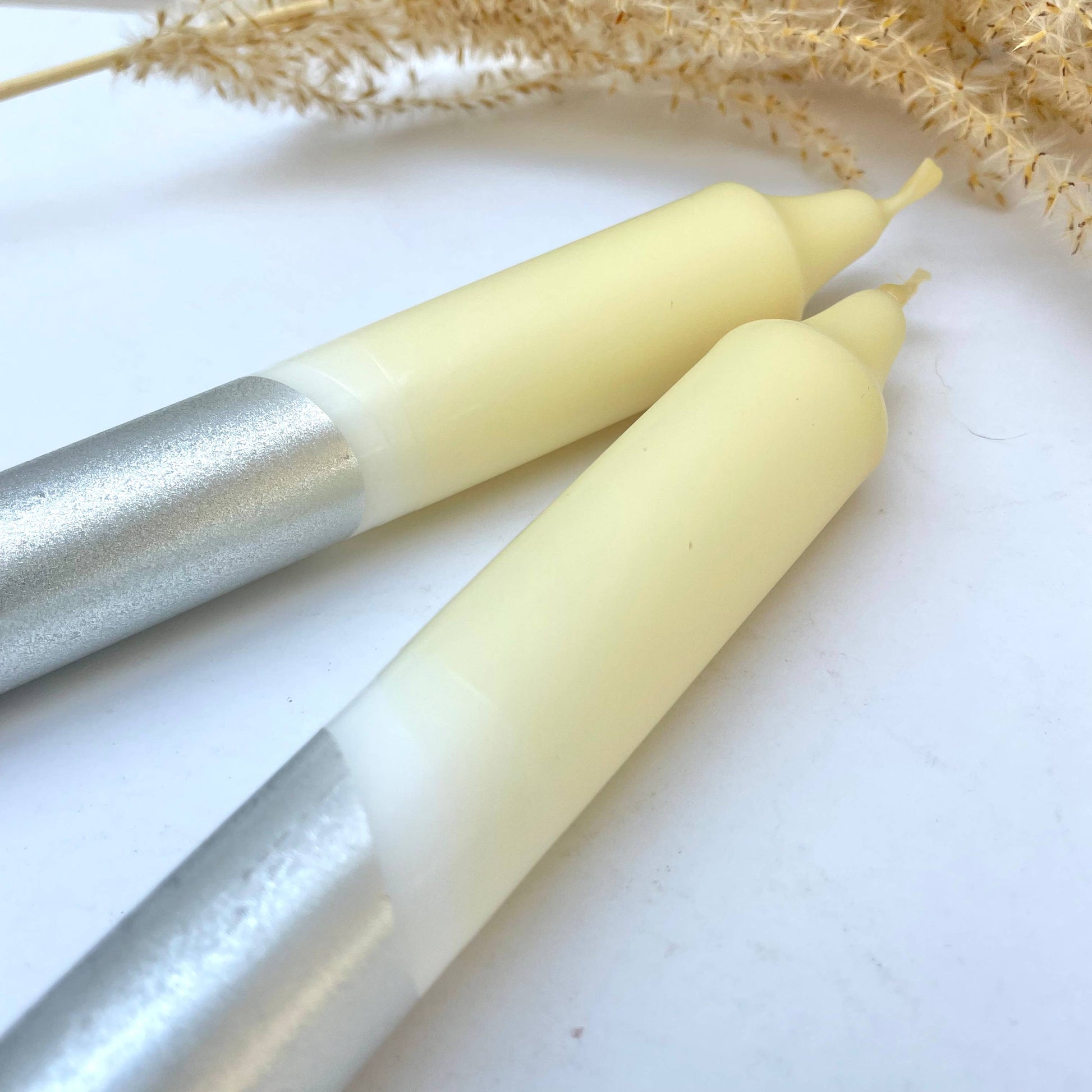 Hawthorn Blossom & Silver Dip Dyed Dinner Candles - Set of 2