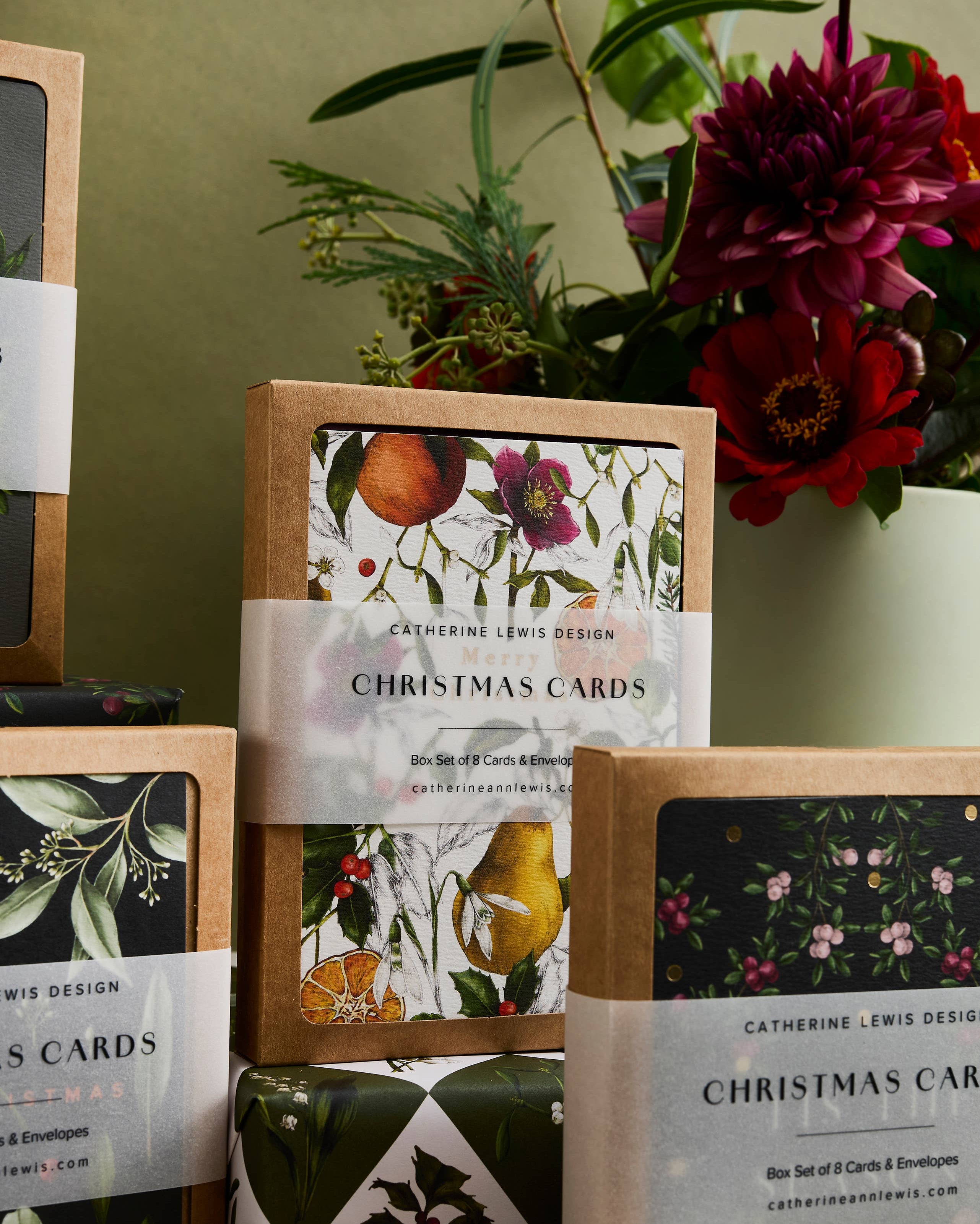 Winter Decadence Box of 8 Luxury Botanical Christmas Cards by Catherine Lewis
