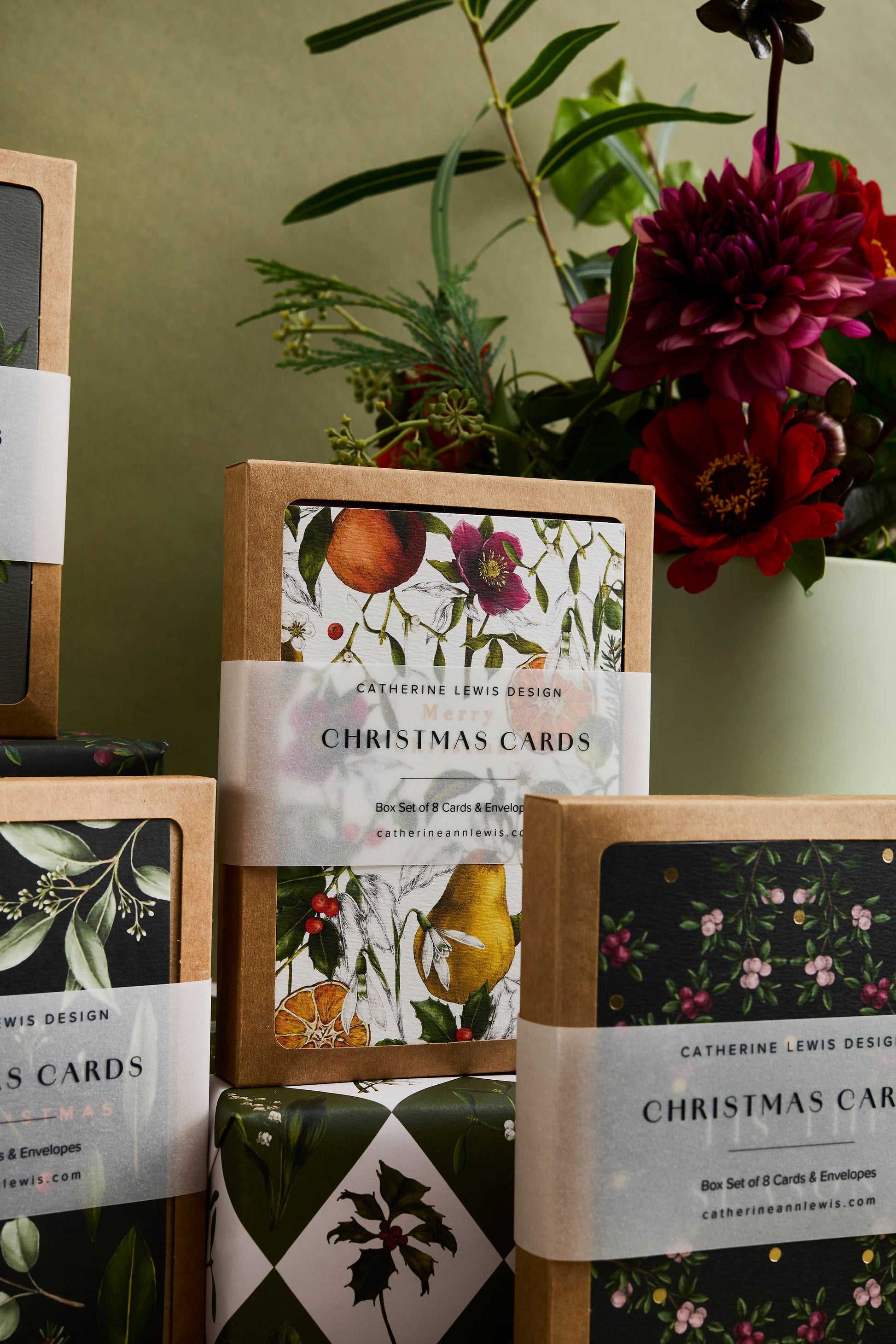 Winter Decadence Box of 8 Luxury Botanical Christmas Cards by Catherine Lewis