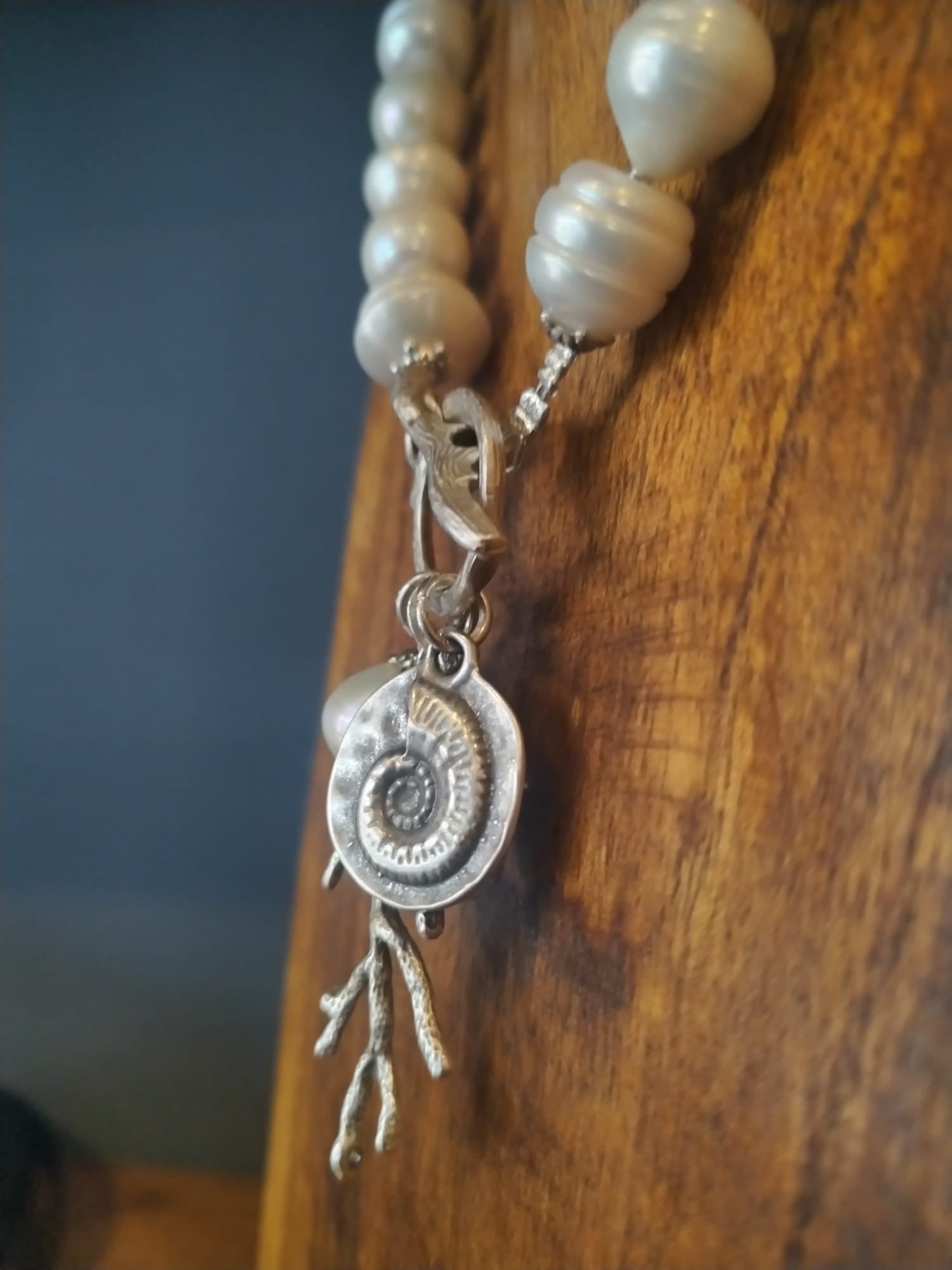 Freshwater Pearl Necklace With Silver Coral and Ammonite Charm