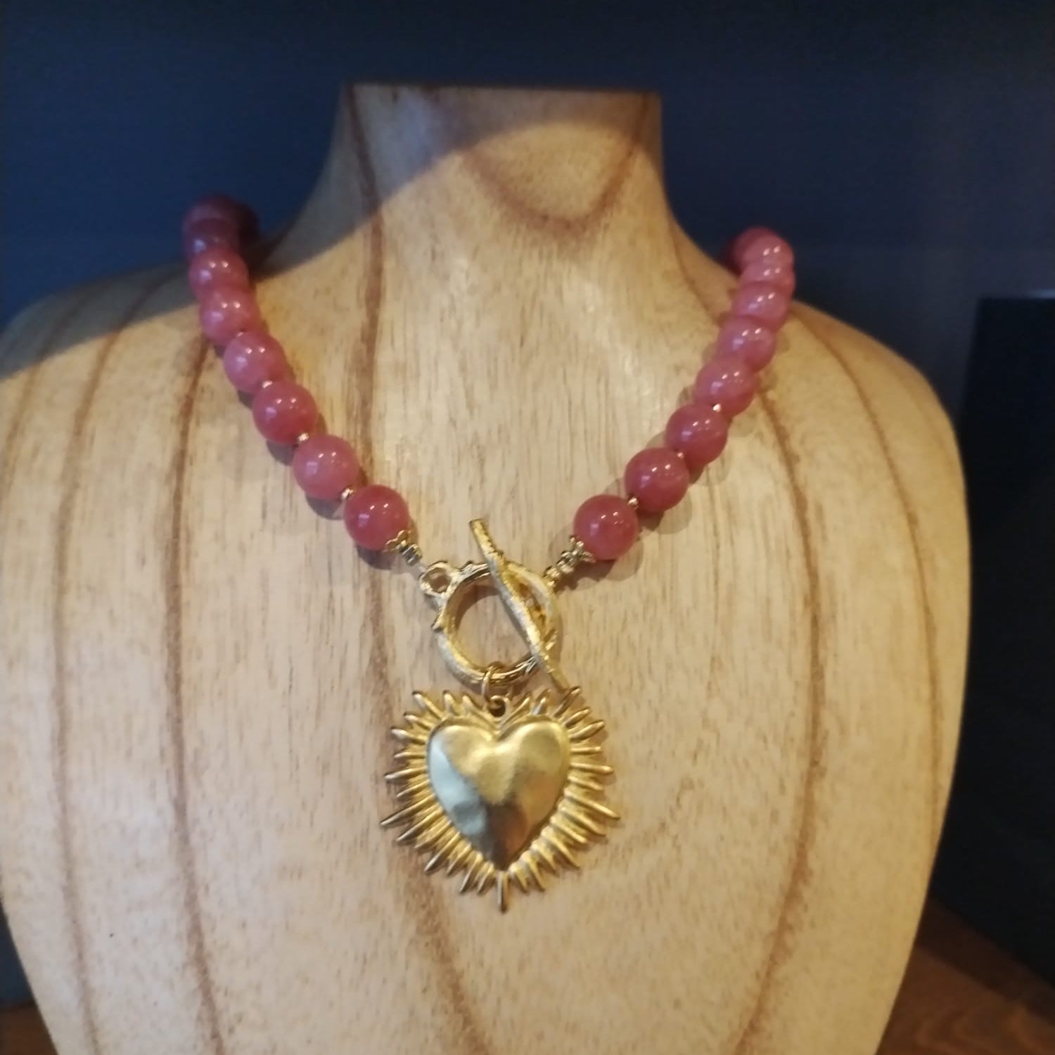 Large Bead Sponge Coral Necklace with Gold Flaming Heart