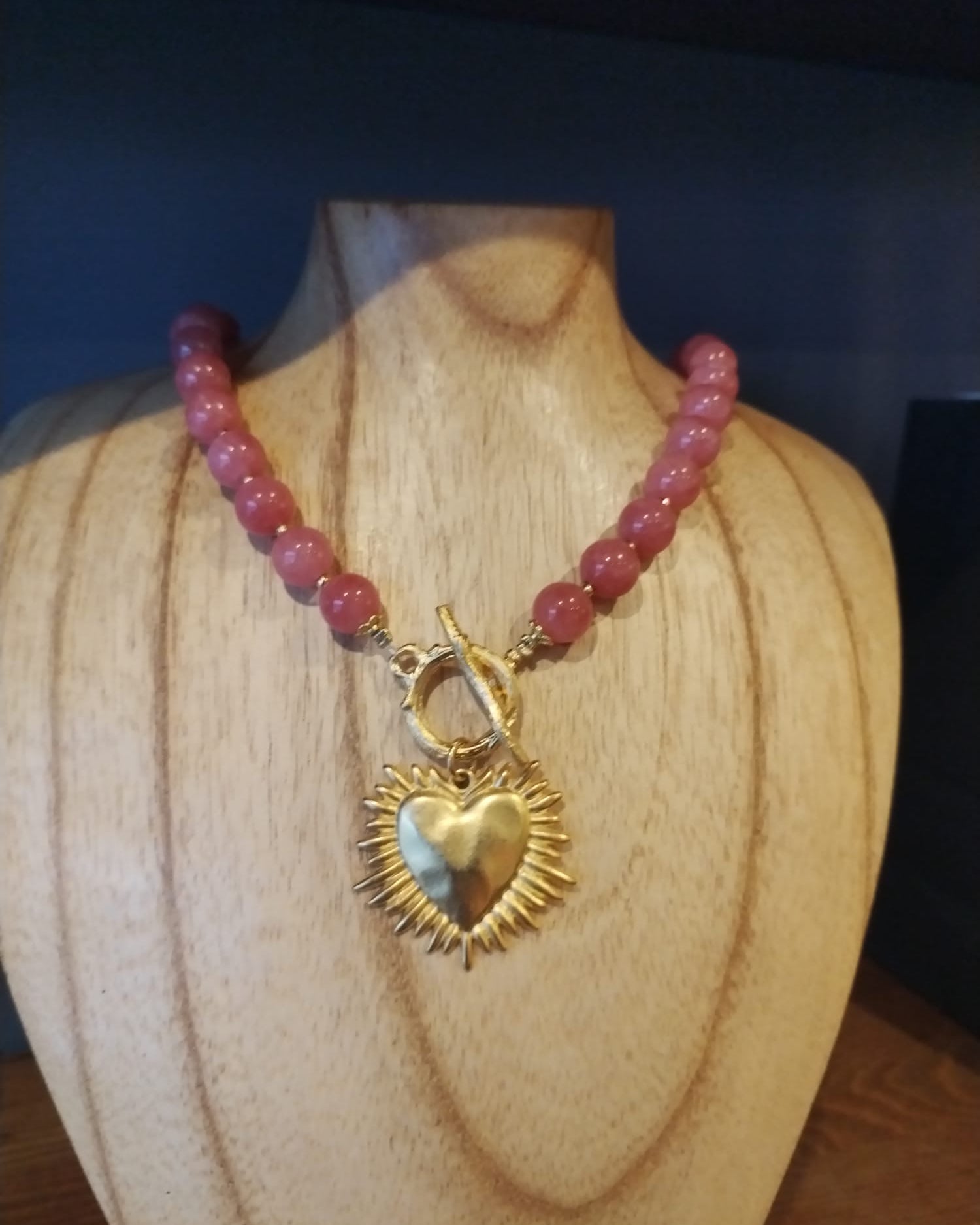 Large Bead Sponge Coral Necklace with Gold Flaming Heart
