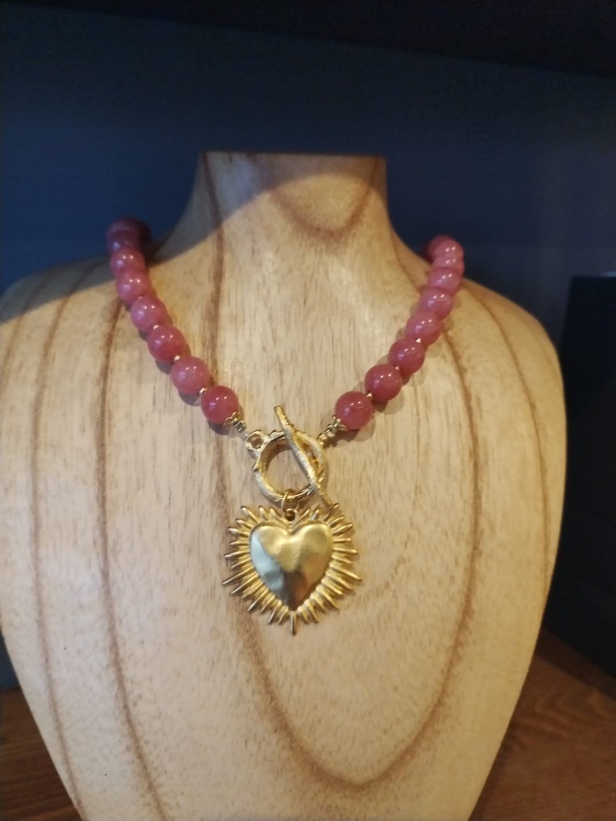 Large Bead Sponge Coral Necklace with Gold Flaming Heart