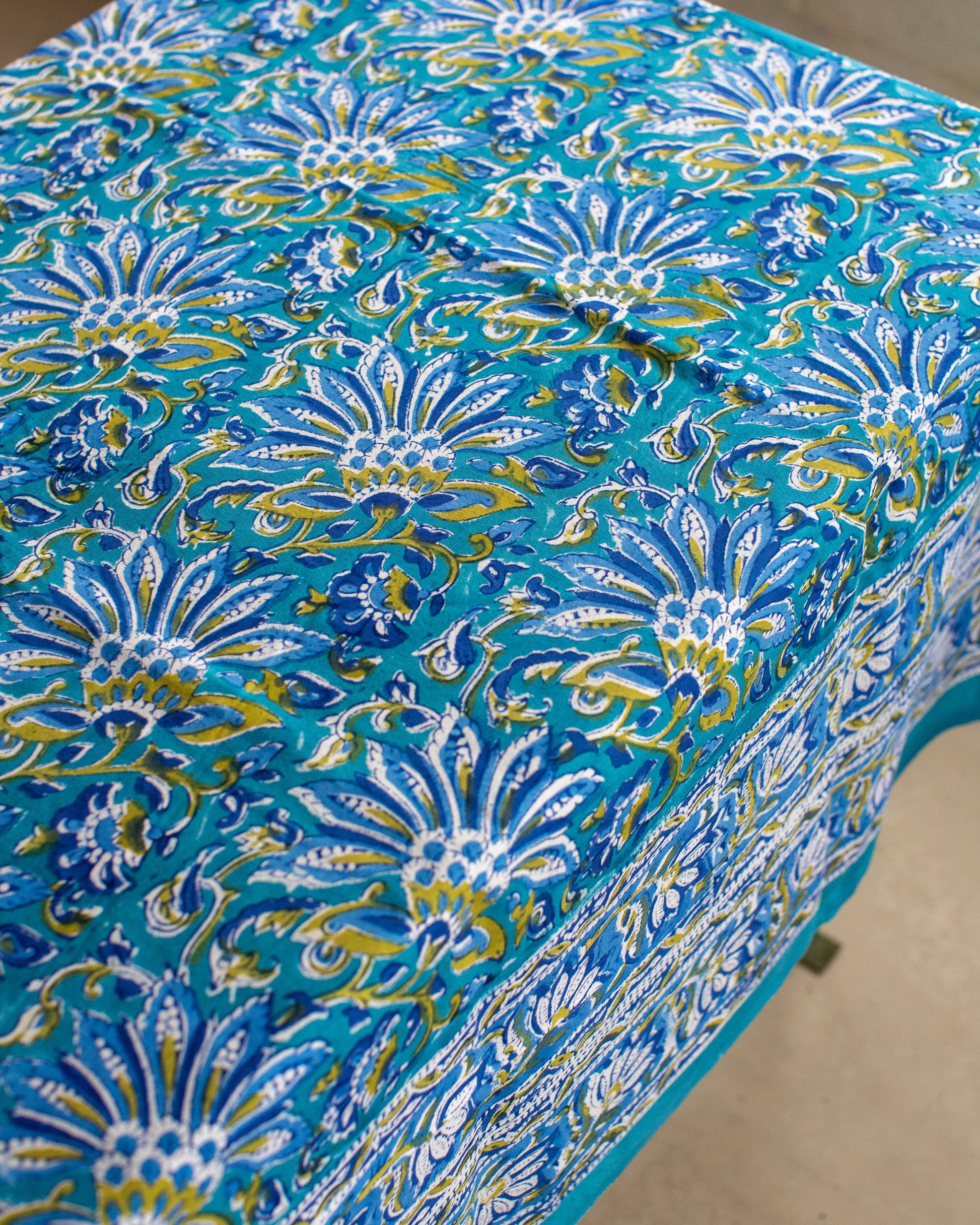 Blue Floral Rowde Hand Block Printed Cotton Tablecloth 150 x 220 cm
