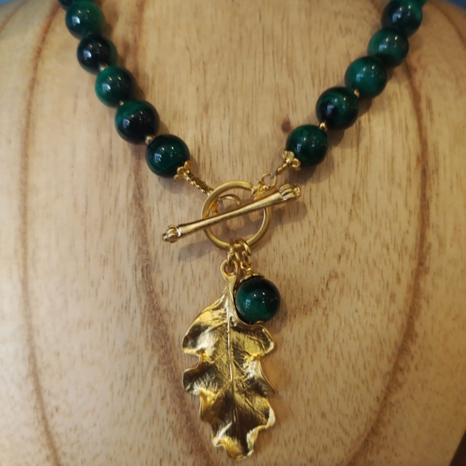 Green Tiger’s Eye Necklace with Gold Oak Leaf