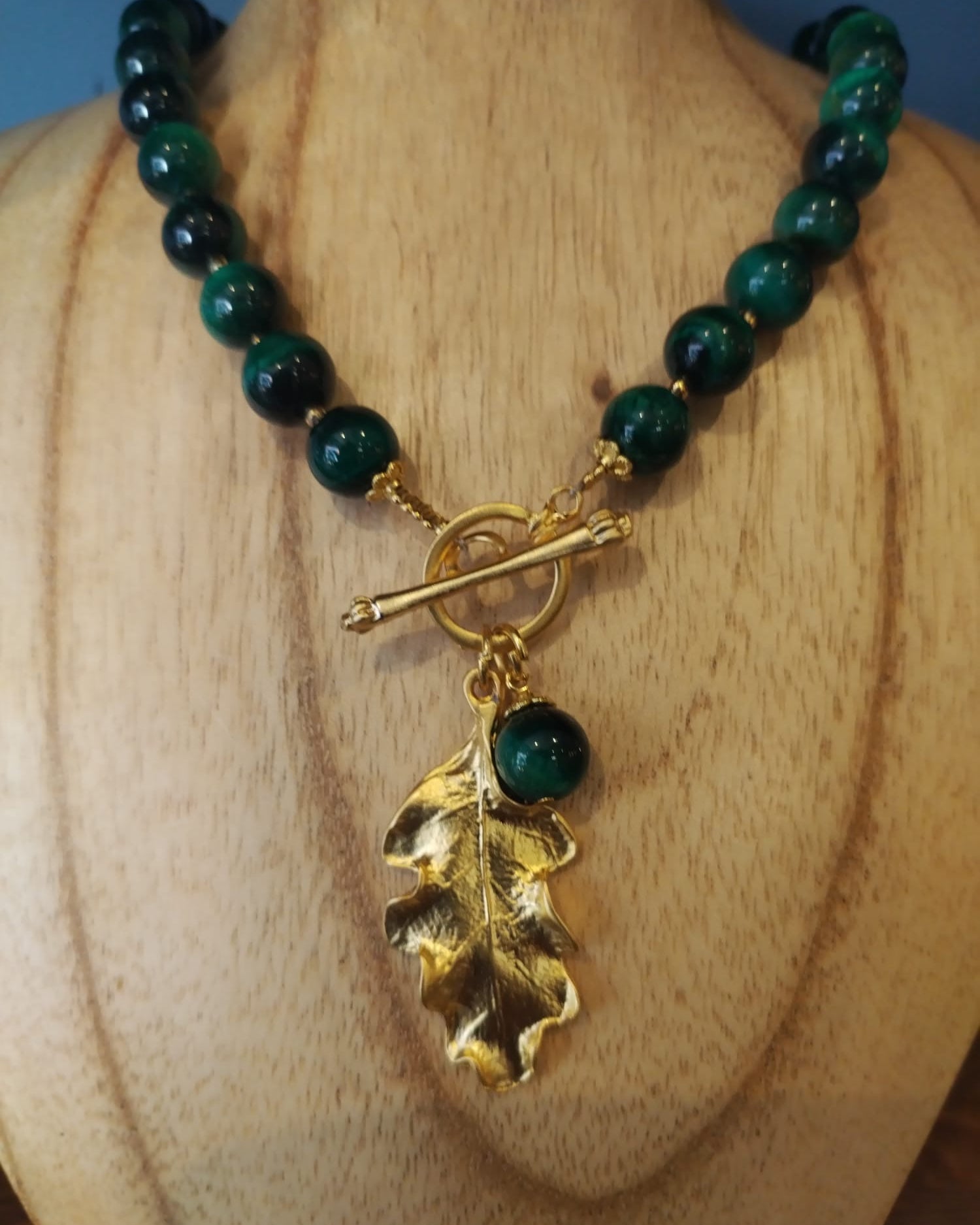 Green Tiger’s Eye Necklace with Gold Oak Leaf