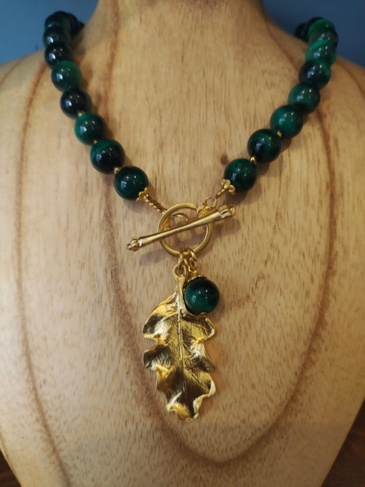 Green Tiger’s Eye Necklace with Gold Oak Leaf