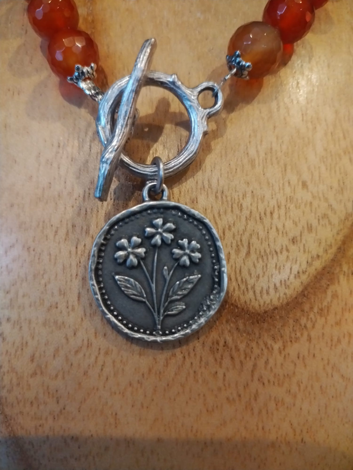 Carnelian Necklace with Silver Flower Medallion